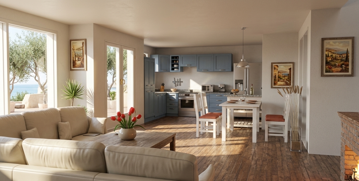 An incredibly lifelike, richly detailed, photorealistic wide-angle interior photograph of an open-concept living room and kitchen set in a breezy Mediterranean retreat. The scene is illuminated by bright, direct midday spring sunlight streaming through large glass doors, creating a relaxed, sun-drenched, and warmly inviting coastal atmosphere. Captured with a professional 35mm lens, emphasizing the rich, textured surfaces, soft cream leather upholstery, and the subtle play of shadows across the rustic wood flooring. 

In the foreground, a plush sectional sofa is arranged around a solid, weathered wooden coffee table, which holds a smooth ceramic vase displaying fresh red tulips. The space flows naturally toward a casual dining area featuring a simple white wooden dining set adorned with terracotta-colored seat cushions, situated beneath a framed Mediterranean landscape wall art piece that introduces warm, vintage tones. In the background, the kitchen features soft, dusty-blue cabinetry balanced by clean granite countertops, modern stainless steel appliances, and a polished chrome pendant light. Organic touches like a potted indoor palm and dried reeds in a minimalist glass vase enhance the earthy, relaxed charm of this inviting coastal home.