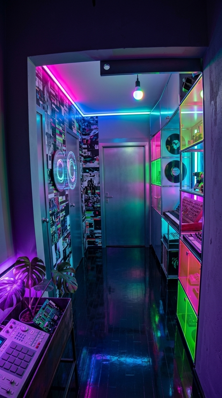 An incredibly lifelike, richly detailed, photorealistic wide-angle interior shot of a narrow hallway reimagined as a techno wonderland exhibition space set in an avant-garde urban loft on a frosty winter night. The scene is illuminated by a dynamic spectrum of vibrant neon pink, electric blue, and sour green lights casting sharp, colorful shadows and creating a surreal, high-energy digital atmosphere. Captured with a professional medium-format camera and a wide-angle 24mm lens, emphasizing the gleaming brushed steel textures and hyper-reflective dark epoxy flooring. On the left, where plain doors once were, matte metallic portals are now seamlessly integrated into a wall covered in playful glitch-art prints straight from a high-end photography book. A holographic circular display floats where a mirror used to hang, pulsating with abstract digital loops. To the right, modular metal and neon-tinted acrylic storage units house eclectic techno-inspired decor, vinyl records, and synthesizers. Glossy, futuristic surfaces contrast beautifully with organic elements, such as glossy-leafed indoor monstera plants nested in raw iron planters and bathed in ultraviolet grow lights, culminating in a balanced, innovative composition that transforms a simple residential corridor into an immersive, multi-sensory gallery experience.