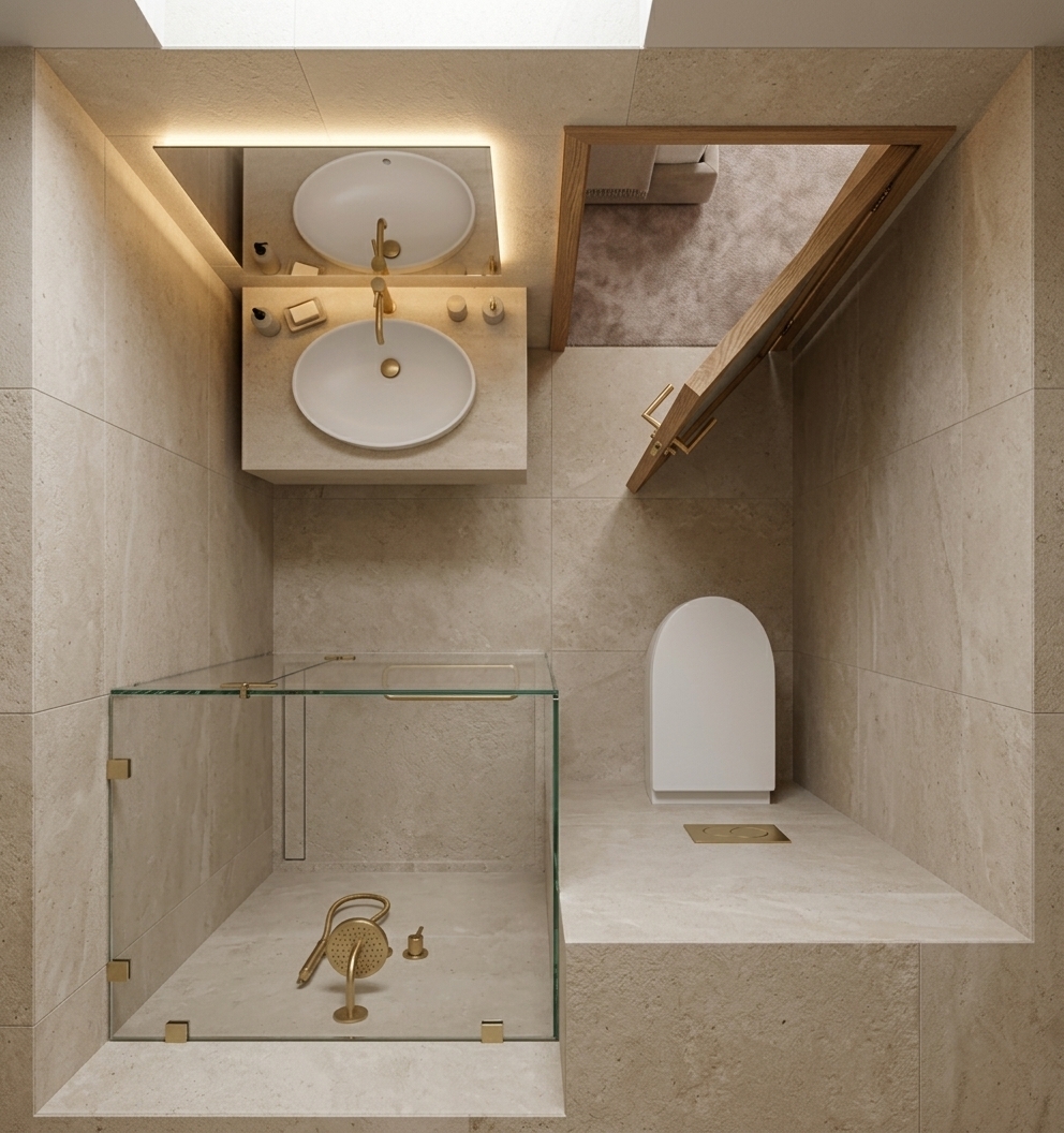 An incredibly lifelike, richly detailed, photorealistic high-angle architectural photo of a luxury hotel bathroom designed as a minimalist haven, set in a serene interior suite. The scene is illuminated by warm, indirect LED backlighting behind the mirror and vanity, creating a calm, zen-inspired atmosphere. Captured with a professional wide-angle tilt-shift lens, emphasizing the textured, monolithic quality of the large-format beige stone tiles, sleek brushed-gold hardware, and polished glass surfaces. 

This meticulously organized space embodies modern sophistication through its unique split-level layout. A floating stone vanity with a smooth oval undermount ceramic sink serves as the focal point, accented by minimalist gold faucets and matching modern accessories. To its side, a warm wood-framed glass door swings open, offering a peek into an adjacent room with plush neutral carpeting. Below, a lowered, glass-walled shower frame rests flush with the stone floor, displaying clean-lined gold fixtures, while a sleek, wall-hung white toilet sits quietly on a slightly elevated stone platform. Every surface is completely clutter-free, emphasizing elegant functionality, simple geometry, and a soothing, monochromatic palette of warm stone grays, soft whites, and refined metals.