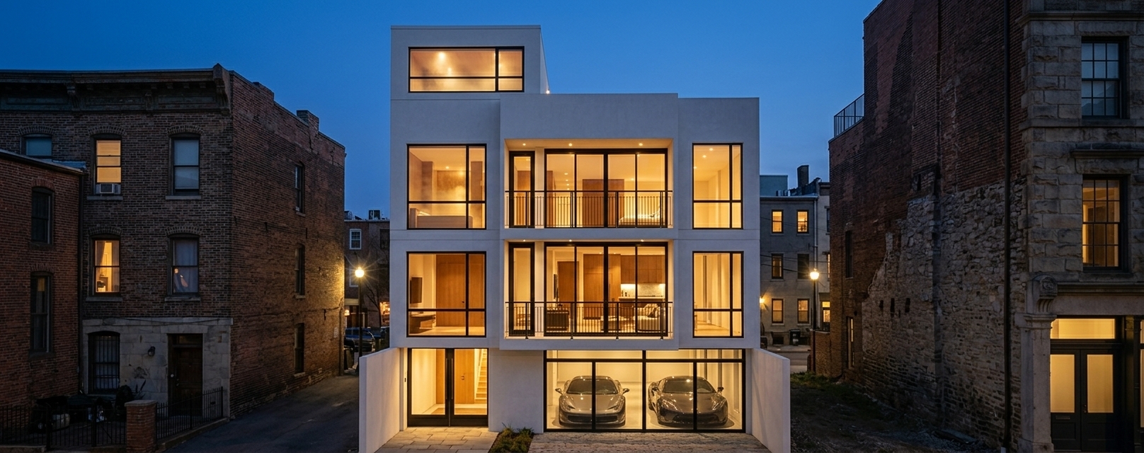 An incredibly lifelike, richly detailed, photorealistic street-level architectural photo of a multi-story minimalist haven townhouse set in a dense urban neighborhood, flanked by old-world, historic brick-and-stone neighboring buildings. The scene is illuminated by the deep blue twilight of dusk, with a glowing, warm golden light radiating from the interior spaces and the ground-floor glass garage showcasing sleek luxury sports cars, creating a sophisticated and cozy atmosphere. Captured with a professional 24mm tilt-shift lens, emphasizing the sharp, clean lines of the smooth white concrete facade, the delicate matte-black metal balcony railings, and the misty warmth of an indoor onsen-style bath visible through the floor-to-ceiling upper windows. The stark, pristine minimalism of the new residence stands out beautifully against the textured, weathered character of the surrounding historic architecture under a clear night sky, highlighting a perfect harmony between old and new.