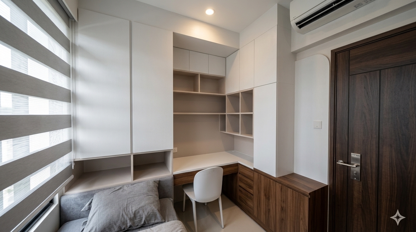 An incredibly lifelike, richly detailed, photorealistic wide-angle interior photo of a compact minimalist gaming room and study haven set in a modern urban apartment. The scene is illuminated by gentle daylight filtering through elegant horizontal zebra blinds and paired with a warm recessed ceiling spotlight, creating a serene and highly focused atmosphere. Captured with a 24mm wide-angle lens, emphasizing the tactile richness of the bespoke laminate finishes and high-contrast timber grain.

This minimalist haven maximizes space with an efficient, smart layout featuring bespoke integrated cabinetry. Above the clean-lined writing desk, the sleek upper cabinet doors are finished in a tactile "Clean White Embossed" laminate, reflecting soft ambient light. Inside the open alcoves and backing panels of the desk area, a subtle "Alice" finish provides a soft, elegant neutral tone. Anchoring the design's base, all drawer fronts and lower cabinetry below the desk level feature the rich, warm, and natural texture of "Ancona Walnut," contrasting beautifully with the bright white ergonomic chair. On the left, a plush gray daybed invites relaxation, while a stark, dark wood door on the right grounds the composition with elegant sophistication.