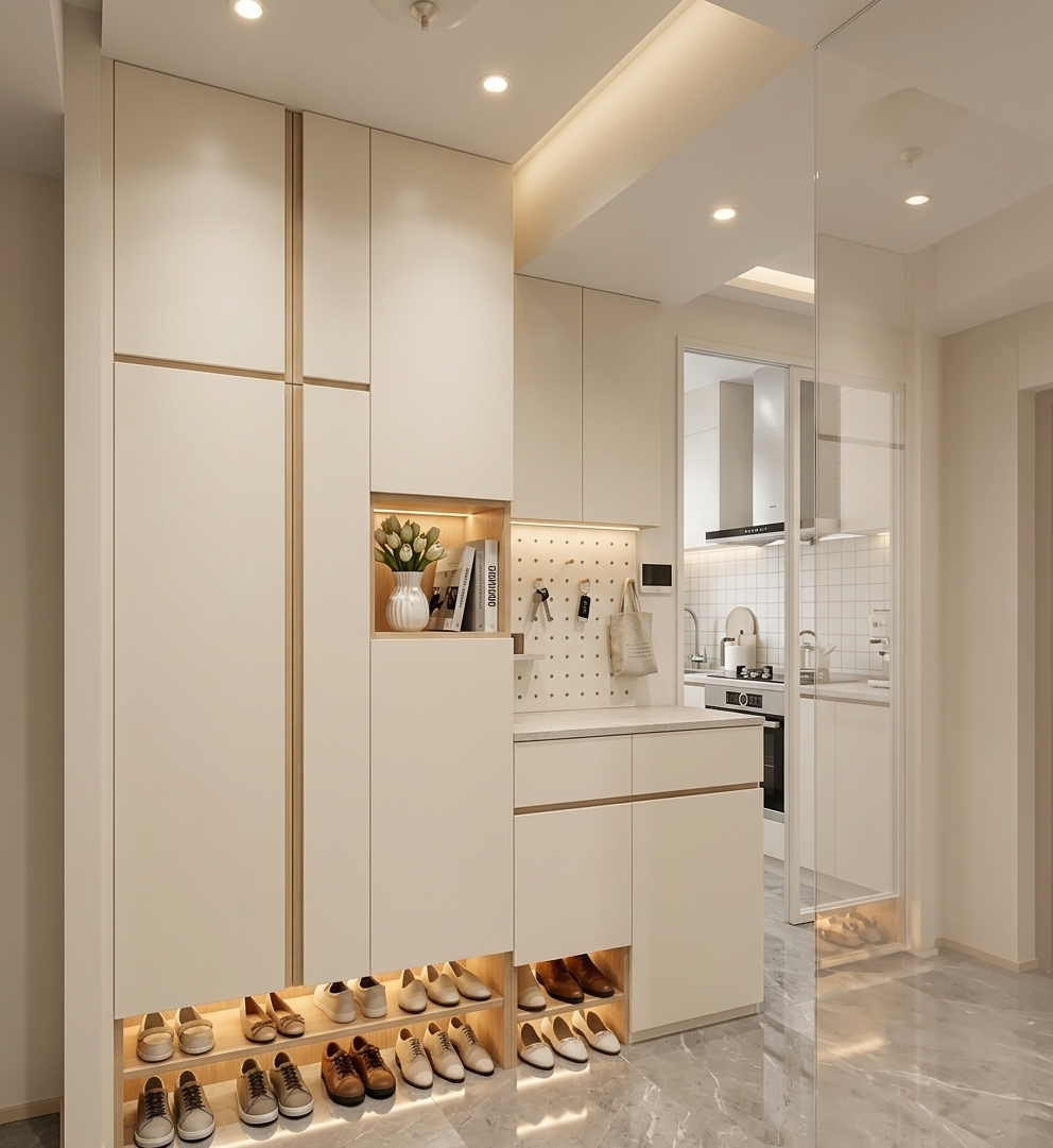 An incredibly lifelike, richly detailed, photorealistic interior photo of a minimalist haven entryway set in a modern contemporary apartment. The scene is illuminated by warm recessed LED spotlights and glowing under-cabinet strip lights, creating a serene, welcoming, and elegant atmosphere. Captured with a professional 35mm lens, emphasizing the smooth, matte cream textures of the custom floor-to-ceiling cabinetry, the natural grain of light-wood accents, and the high-gloss reflection of the polished gray marble floor. 

This streamlined architectural masterpiece functions as a highly organized foyer, boasting clutter-free surfaces and sophisticated storage. A central wooden display niche showcases a delicate white ceramic vase with fresh tulips alongside a few photography books, while an integrated pegboard provides minimalist organization for keys and a linen bag above a sleek stone-topped console. Beneath the main modern units, a double-tiered open footwear compartment is bathed in a warm, inviting glow, casting soft reflections across the beautifully veined marble underfoot. In the background, a pristine, white-tiled kitchen is visible through a sleek glass partition, harmonizing with the home's calm, zen-inspired aesthetic.