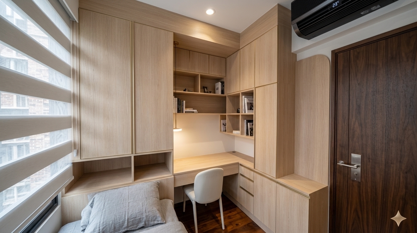 An incredibly lifelike, richly detailed, photorealistic wide-angle interior shot of a bespoke hotel room set in a sophisticated boutique urban residence. The scene is illuminated by soft, diffused daylight filtering through horizontal zebra blinds, creating a serene, airy atmosphere. Captured with a high-end medium-format camera and a 24mm wide-angle lens, emphasizing the fine grain of the custom blonde oak cabinetry, polished stone surfaces, and the geometric layout of the room.

Designed with contemporary elegance, this compact space maximizes functionality with clean-lined, refined millwork in a color palette of warm white, pearl, champagne, and soft gray. The L-shaped built-in desk and shelving unit seamlessly integrate into a wardrobe system featuring slim, understated metal accents. A tailored, white upholstered desk chair rests on a polished, dark hardwood floor, while a cozy sleeping nook, layered in soft gray fabrics, nestles beneath the floating cabinetry. On the right, a dark, rich walnut door with brushed steel hardware provides a striking contrast, while minimalist recessed ceiling spotlights and a neat, wall-mounted AC unit complete the polished, balanced, and sophisticated design.