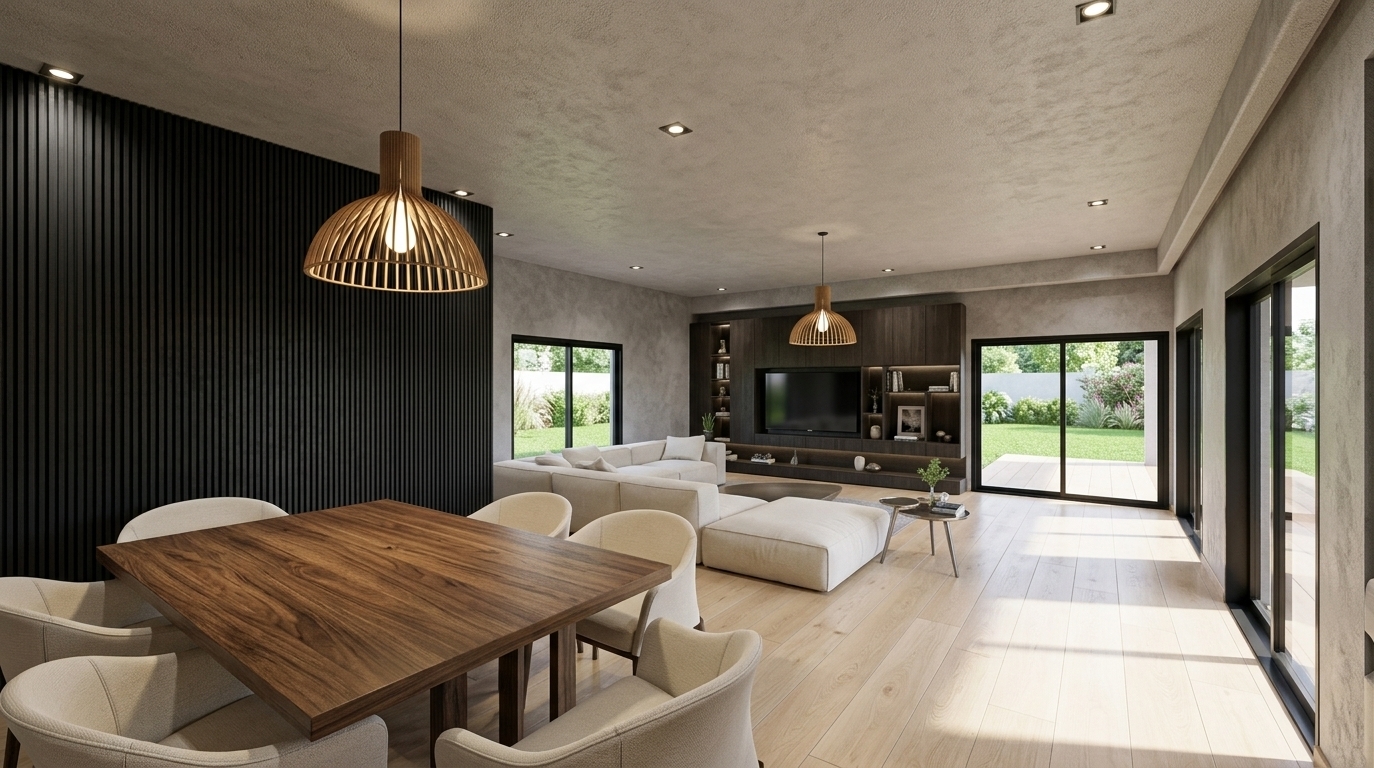 An incredibly lifelike, richly detailed, photorealistic interior photo of an open-plan dining and living area set in a workshop-inspired minimalist haven. The scene is illuminated by bright, diffused midday spring light streaming through expansive sliding glass doors, complemented by the warm, atmospheric glow of recessed spotlights and organic, slatted wooden dome pendants, creating a serene and tranquil atmosphere. Captured with a professional 24mm wide-angle lens, emphasizing the striking texture of the black fluted accent wall, the rich grain of the square timber dining table, and the smooth, pale oak floor planks that stretch toward the garden.

The uncluttered, streamlined space is styled with functional and elegant zen-inspired furnishings in shades of white, gray, and warm wood. In the foreground, contemporary cream-colored upholstered chairs frame the dark wood dining table, while the living zone features a low-profile, plush off-white sectional sofa arranged on a minimalist layout. Nearby, small metallic nesting tables support a curated art photography book and a delicate indoor plant, maintaining a clean, clutter-free aesthetic. A built-in dark wood media console serves as a functional anchor against a textured gray plaster wall, while the wide sliding glass doors seamlessly connect the sophisticated interior to a lush, sun-drenched green lawn outside.