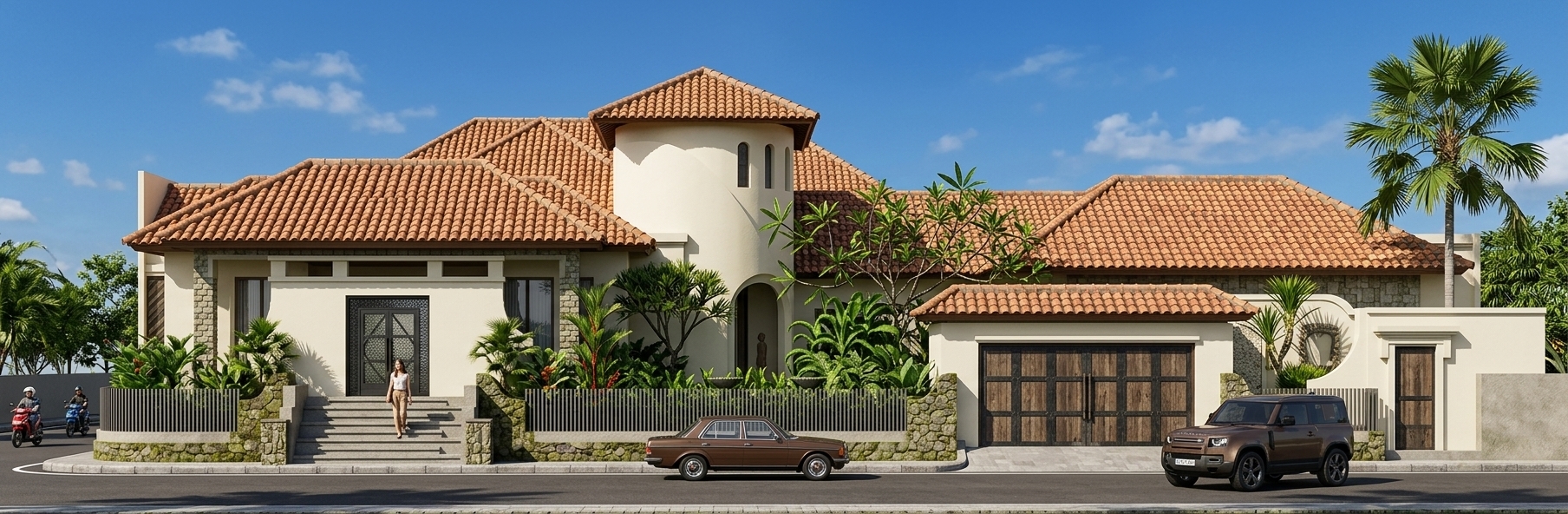An incredibly lifelike, richly detailed, photorealistic wide-angle architectural shot of a luxurious Spanish Mediterranean-style villa set in the tropical landscape of Probolinggo, East Java. The scene is illuminated by brilliant, high-overhead midday sunlight, creating a bright, breezy, and serene Mediterranean retreat atmosphere. Captured with a professional 35mm tilt-shift lens, emphasizing the fine contrast between the smooth, cream-colored plaster walls, textured natural stone accents on the facade, and the lush, vibrant green fronds of the surrounding modern tropical garden. On the left, a mother in elegant casual attire steps up a set of stone stairs leading toward the ornate left gate. In the foreground, a classic chocolate-brown Mercedes-Benz W123 glides smoothly along the clean asphalt street, while a state-of-the-art 2025 Land Rover Defender is captured mid-turn as it enters the grand driveway on the right. A couple of local motorcycles zip past in the background, adding a dynamic sense of life to this idyllic, sun-drenched estate.