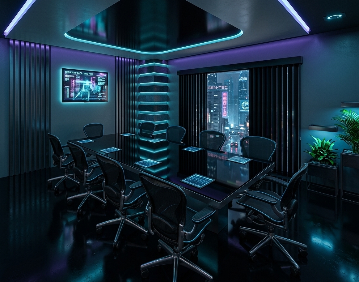 An incredibly lifelike, richly detailed, photorealistic wide-angle interior photograph of a high-tech corporate conference room set in a sprawling neon-noir metropolis at night. The scene is illuminated by cold cyan and deep violet neon light leaking from the recessed ceiling and reflection-slicked windows, creating a moody, grit-meets-luxury cyberpunk atmosphere. Captured with a Hasselblad H6D-100c and a 24mm prime lens, emphasizing the sharp reflections on glass surfaces and tactile details of cybernetic office furniture. 

In the center of the sleek, dark obsidian-finished floor sits a long, minimalist conference table crafted from polished black glass and brushed charcoal steel. Surrounding the table are state-of-the-art ergonomic chairs wrapped in carbon-fiber frames, matte black mesh, and subtle neon-blue piping. On the main wall, where a simple display once hung, a vibrant holographic art installation pulses with cybernetic city data, casting soft light over vertically slatted dark metal panels. To the right, vertical black aluminum blinds part slightly to reveal a breathtaking, rain-slicked metropolitan skyline glowing with distant corporate skyscrapers and holographic advertisements. Tucked into the corners, minimalist metal planters hold exotic, hyper-green indoor plants that thrive under moody, high-tech grow lights, grounding this futuristic corporate sanctuary.