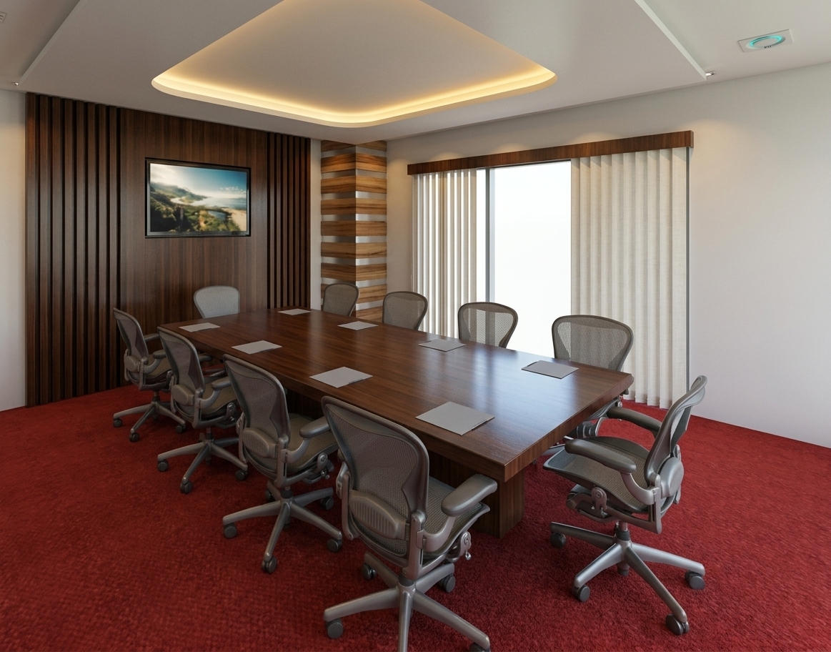 A professional architectural photograph of a modern corporate conference room, captured with a wide-angle lens on a high-resolution medium-format camera. The large, polished mahogany conference table occupies the center of the frame, showcasing a rich wood grain and a subtle satin sheen that reflects the warm, diffused LED light glowing from the recessed, curved soffit ceiling above. Surrounding the table are modern ergonomic mesh office chairs, their materials realistically rendered with fine fabric textures, matte plastic armrests, and metallic bases with subtle highlights on the castors. The floor is covered in a dense, low-pile red commercial-grade carpet, showing soft textile micro-textures and gentle, feathered shadows beneath the furniture. To the left, a feature wall of vertical dark wood slats frames a flush-mounted flat-screen television displaying a coastal landscape, complete with realistic faint reflections on the glass. On the right, soft natural daylight filters through white vertical window blinds, creating a bright, clean illumination that balances the warm ambient lighting of the room. The smooth off-white drywall and the horizontally paneled column show realistic surface imperfections, slight paint texture, and natural color gradients, rendering the entire scene with true-to-life depth, rich contrast, and exquisite photographic clarity.