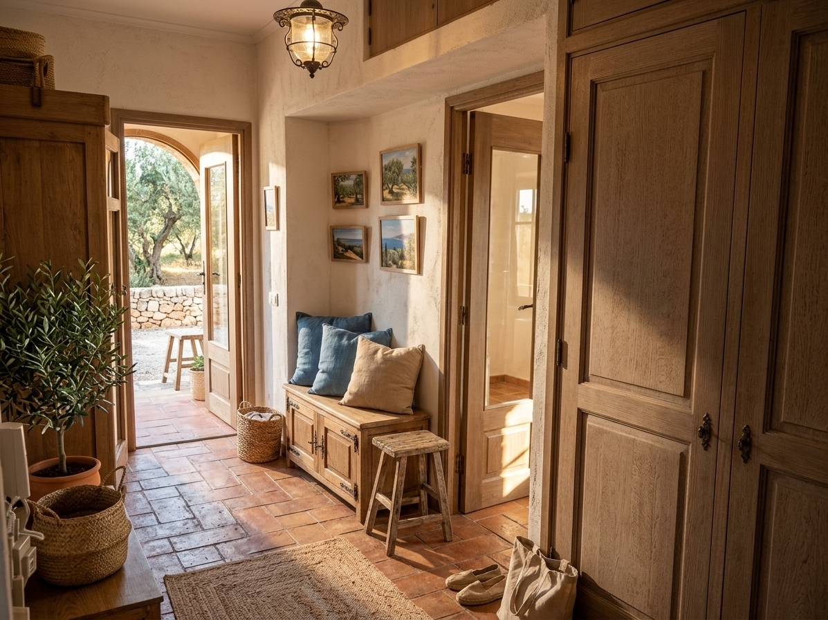 An incredibly lifelike, richly detailed, photorealistic wide-angle interior photograph of a warm, sun-drenched mudroom transition set in a coastal Mediterranean villa retreat. The scene is illuminated by golden afternoon sunlight streaming through an open arched doorway, creating a relaxed, earthy, and highly inviting atmosphere. Captured with a professional 35mm lens, emphasizing the rough-textured plaster walls, hand-laid aged terracotta floor tiles, and the organic grain of rustic wood furniture, the space is beautifully reimagined. Replacing the old, dark wardrobe is a low-profile, rustic wooden bench with wrought-iron hardware, softened by casual linen throw pillows in shades of ocean blue and warm sand neutrals. Captivating Mediterranean landscape wall art depicting sunlit olive groves hangs prominently on the textured walls, while hand-woven baskets and a terracotta pot housing a lush, green indoor olive plant anchor the corner of the entryway. Seamlessly connecting the home's interior with the vibrant warmth of a coastal escape, this balanced layout transforms the once-cramped hallway into an airy, elegant foyer that celebrates human scale and natural, tactile luxury.