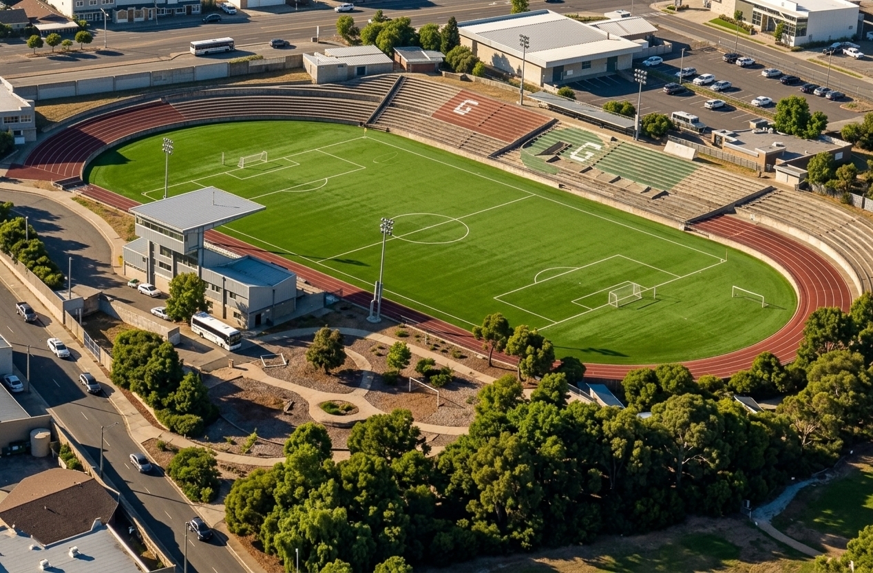 An incredibly lifelike, richly detailed, photorealistic aerial drone shot of a vibrant community sports stadium set in a sun-drenched urban environment. The scene is illuminated by warm, high-contrast afternoon sunlight, creating an energetic yet serene atmosphere. Captured with a professional 35mm lens, emphasizing the ultra-crisp definition of the freshly manicured green turf, the weathered textures of the red and green concrete stands, and the dense, leafy foliage of the surrounding trees. Every architectural detail—from the main covered pavilion with its realistic metal roofing to the surrounding asphalt streets and distant modern buildings—is rendered with pristine clarity, elevating the original structure into a striking, highly detailed urban retreat.
