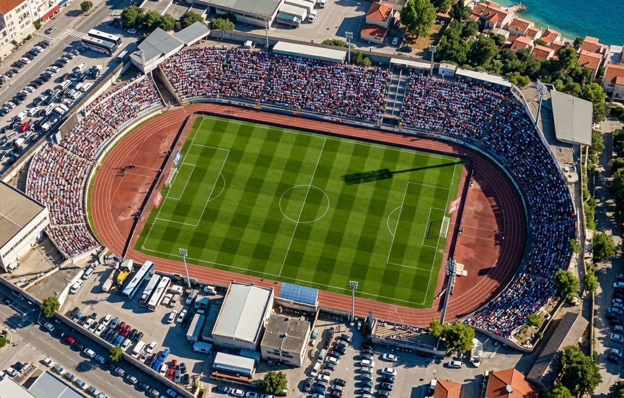 An incredibly lifelike, richly detailed, photorealistic aerial drone shot of a historic football stadium packed with thousands of spectators, set in a bustling urban environment overlooking a scenic coastal Mediterranean retreat. The scene is illuminated by bright afternoon sunlight casting a stark, deep shadow across the center circle of the pitch, creating an electric, vibrant atmosphere. Captured with a high-performance camera using a sharp 24mm lens, emphasizing the vivid green textures of the soccer field, the dense, white-clad crowd filling the surrounding grandstands, the crisp white lane markings of the athletic track, and the hyper-detailed rows of parked cars nearby, all rendered with the pristine, razor-sharp clarity of a next-generation gaming engine.