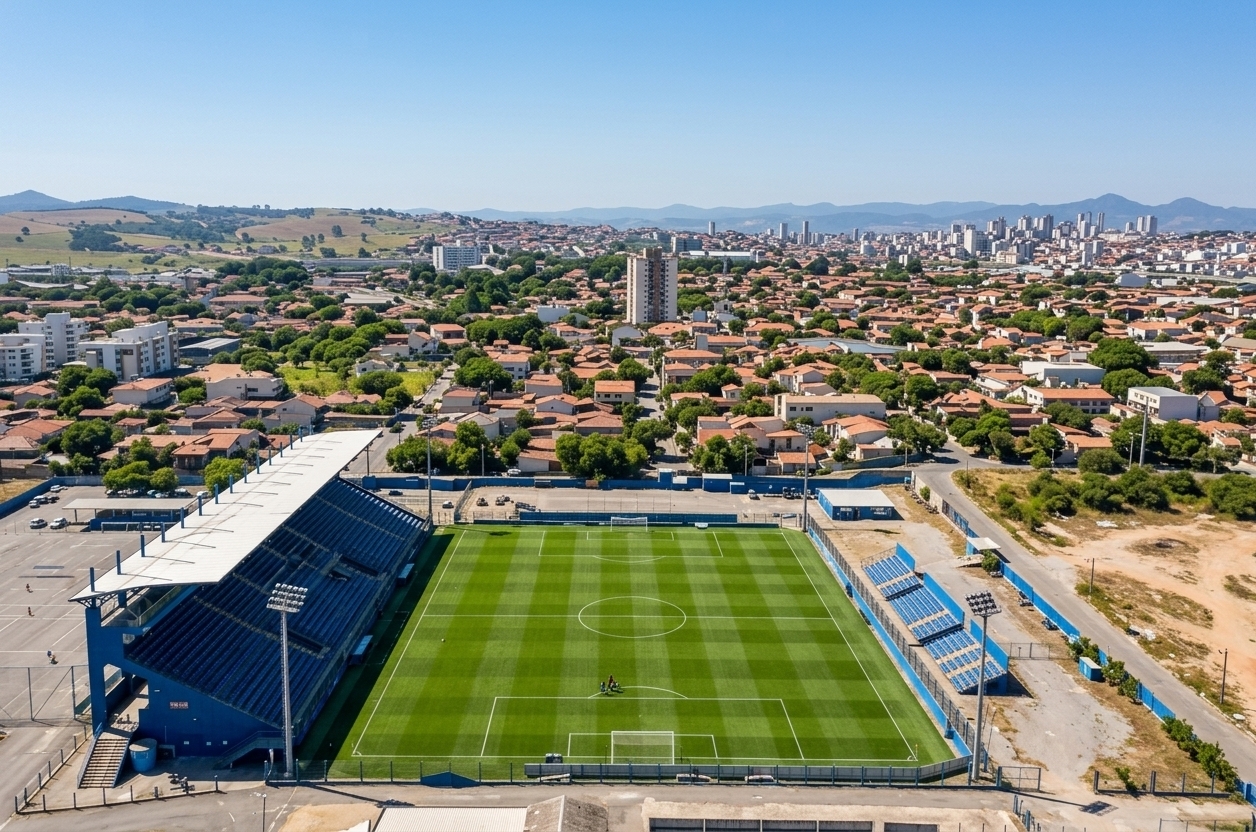 An incredibly lifelike, richly detailed, photorealistic wide aerial drone shot of a local soccer stadium set in an expansive, sun-lit urban valley. The scene is illuminated by bright, direct midday sunlight, creating a vibrant and energetic atmosphere. Captured with a high-resolution 24mm drone camera, emphasizing the highly defined, crisp white chalk markings on the perfectly manicured, emerald-green pitch, alongside the deep shadows cast by the massive blue grandstand. Every feature from the original scene is maintained with enhanced sharpness and ultra-realistic digital rendering; the surrounding suburban neighborhood blends Mediterranean-style terracotta-roofed houses with lush green trees, stretching towards distant hazy mountains under a clear cerulean sky. The overall aesthetic combines the authentic grit of an urban photo with the ultra-clean, high-contrast rendering quality typical of a modern sports-gaming simulation.