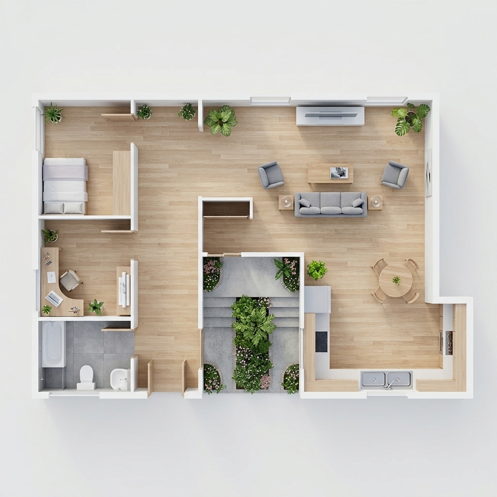 An incredibly lifelike, richly detailed, photorealistic bird's-eye view layout photograph of a modern apartment interior set in a serene urban minimalist haven during spring. The scene is illuminated by soft, diffuse natural daylight pouring in from invisible windows, creating a peaceful, zen-like atmosphere. Captured with a high-end architectural medium-format camera, emphasizing the flawless textures of light oak wooden floors, smooth white walls, and vibrant green indoor plants. 

This beautifully uncluttered, functional home is styled in a monochromatic palette of crisp whites, soft grays, and subtle pastel accents. In the spacious living area, streamlined furniture including a plush gray sofa, matching armchairs, and a low wooden coffee table displaying an elegant photography book sit opposite a sleek media console. A round dining table with modern wooden chairs sits adjacent to a pristine, clutter-free kitchen adorned with sleek metal fixtures. Abstract wall art decorates the walls of a cozy home office, while the quiet bedroom features neatly made pastel linens. The spotless bathroom features a polished bathtub and a clean, modern white toilet. Bringing a touch of spring indoors, potted Swiss cheese plants and lush greenery at the central open-air entryway perfectly bridge the gap between elegant interior design and the freshness of nature.