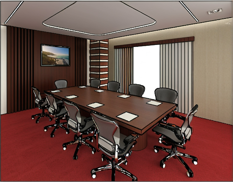 An incredibly lifelike, richly detailed, photorealistic wide-angle interior photo of an executive boardroom set in a modern high-rise office during a bright summer midday. The scene is illuminated by a dynamic combination of intense natural sunlight streaming through cream-colored vertical blinds and a futuristic, recessed LED ceiling tray that casts a soft, cool glow, creating a sophisticated and energetic cyber eclectic fusion atmosphere. Captured with a Hasselblad H6D-100c with a 24mm lens, emphasizing the glossy, reflective finish of the expansive mahogany conference table, the deep texture of the crimson-red wall-to-wall carpeting, and the architectural depth of the dark wood vertical slat accent wall. Sleek, ergonomic mesh-back office chairs with chrome trim are meticulously arranged around the table, which features minimalist white leather blotters. A high-definition monitor displaying a vibrant coastline sits flush-mounted on the wood-paneled wall, flanked by an eclectic, horizontally-striped corner pillar that adds structural intrigue and completes this high-tech, professionally styled space.
