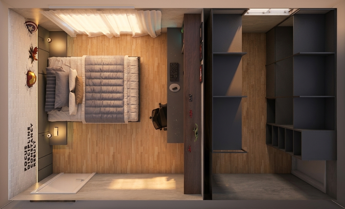 A professional architectural photograph from a straight-down, overhead orthographic floor plan perspective, showcasing the contemporary bedroom and closet layout in sophisticated, realistic detail. The scene is illuminated by the discreet, low-angle light of a golden sunset filtering softly through the sheer white window curtains, casting long, delicate shadows across the warm, natural-grained oak floor plan. On the left, the bed features soft, tactile fabrics with realistic creases on the blue coverlet and textured pillows, sitting adjacent to a white brick feature wall with its subtle surface relief and superhero-themed decor. Low-profile wall sconces emit a dim, warm-toned ambient glow. To the right, the open-plan closet area with dark charcoal shelving exhibits very fine matte textures, while the polished concrete floor section displays organic, subtle plaster variations and minor dust specks. The overall composition is rendered with sharp, flat-plane focus, rich contrast, a hint of natural lens vignetting at the corners, and soft, warm color temperatures that evoke an elegant, quiet late afternoon ambiance.