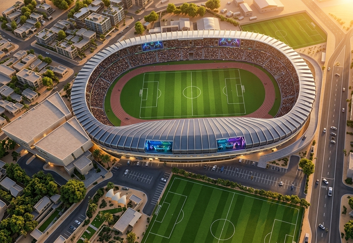 An incredibly lifelike, richly detailed, photorealistic aerial drone shot of a futuristic, ultra-modern sports stadium set in a high-tech desert retreat urban oasis. The scene is illuminated by the intense golden glow of a desert sunset, creating a highly cinematic and awe-inspiring atmosphere. Captured with a wide-angle aerial camera, emphasizing the sleek, fluid lines of a carbon-fiber-and-glass canopy, shimmering kinetic solar roofs, and vibrant lush-green turf fields. 

This dramatic rendering reimagines the old layout as a state-of-the-art architectural masterpiece. The surrounding concrete structures are transformed into a luxurious desert retreat featuring minimalist urban design, natural oasis landscaping, and clean, sweeping roadways. Embedded along the stadium’s perimeter, exclusive VIP suites are styled like futuristic gaming rooms with glowing neon accents, massive glass windows, and immersive esports setups that overlook the pitch, blending high-end sports with cutting-edge gaming technology.