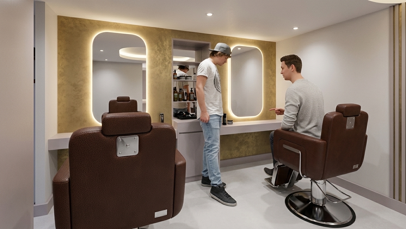 An incredibly lifelike, richly detailed, photorealistic medium-shot interior photo of a modern barber workshop set in a minimalist haven. The scene is illuminated by soft, warm midday lighting emanating from the halos of back-lit mirrors and recessed ceiling spotlights, creating a serene, zen-inspired atmosphere. Captured with a professional 35mm architectural lens, emphasizing the tactile, pebbled texture of the deep chestnut-brown leather salon chairs, the sleek chrome of their circular bases, and the elegant gold-patina textured feature wall. The surrounding space boasts a clean palette of whites, muted grays, and subtle pastel undertones, demonstrating streamlined, functional design with clutter-free surfaces, sleek metallic and wood elements, and an overall simple, uncluttered aesthetic that exudes modern elegance and tranquility.