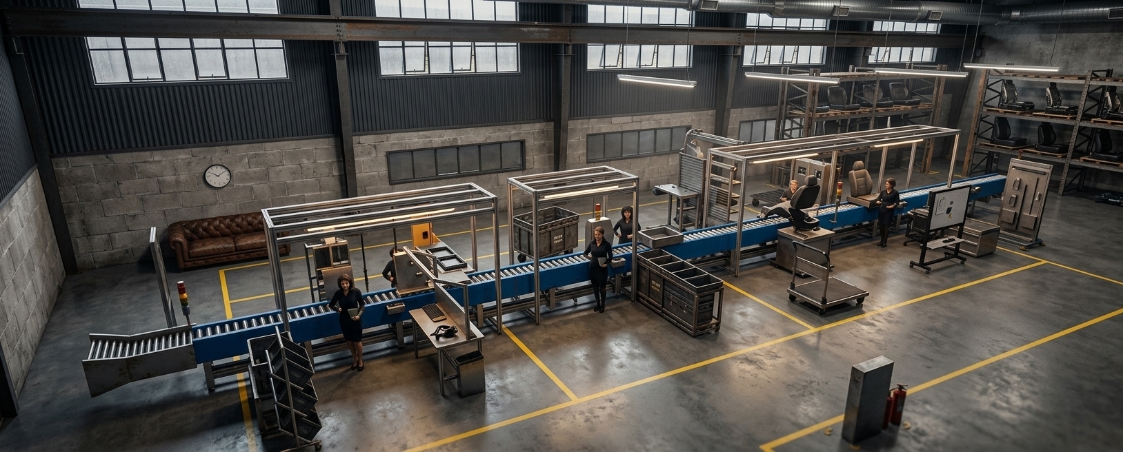 An incredibly lifelike, richly detailed, photorealistic wide-angle interior photograph of an advanced automotive assembly line set in a spacious, rugged industrial loft workshop. The scene is illuminated by a mix of cool overhead linear LED fixtures and warm, focused task lighting, creating a productive yet atmospheric, moody environment. Captured with a professional 24mm tilt-shift lens, emphasizing the matte finishes, gleaming steel elements, and the expansive scale of the high-ceilinged facility. Inside this raw, warehouse-inspired space, massive exposed steel beams and complex overhead ductwork run beneath the ceiling, while the ground is clad in polished, industrial gray concrete marked with sharp yellow safety lines. The color palette is defined by sophisticated shades of charcoal black, slate gray, and accents of rust. Along the vibrant blue conveyor system, robotic components work alongside contemporary workstation desks. Off to the side, heavy-duty shelving made of metal and reclaimed wood stands near a dedicated quality-control nook, where a large, minimalist wall clock hangs above a well-worn vintage leather sofa, blending rugged utility with urban loft elegance.