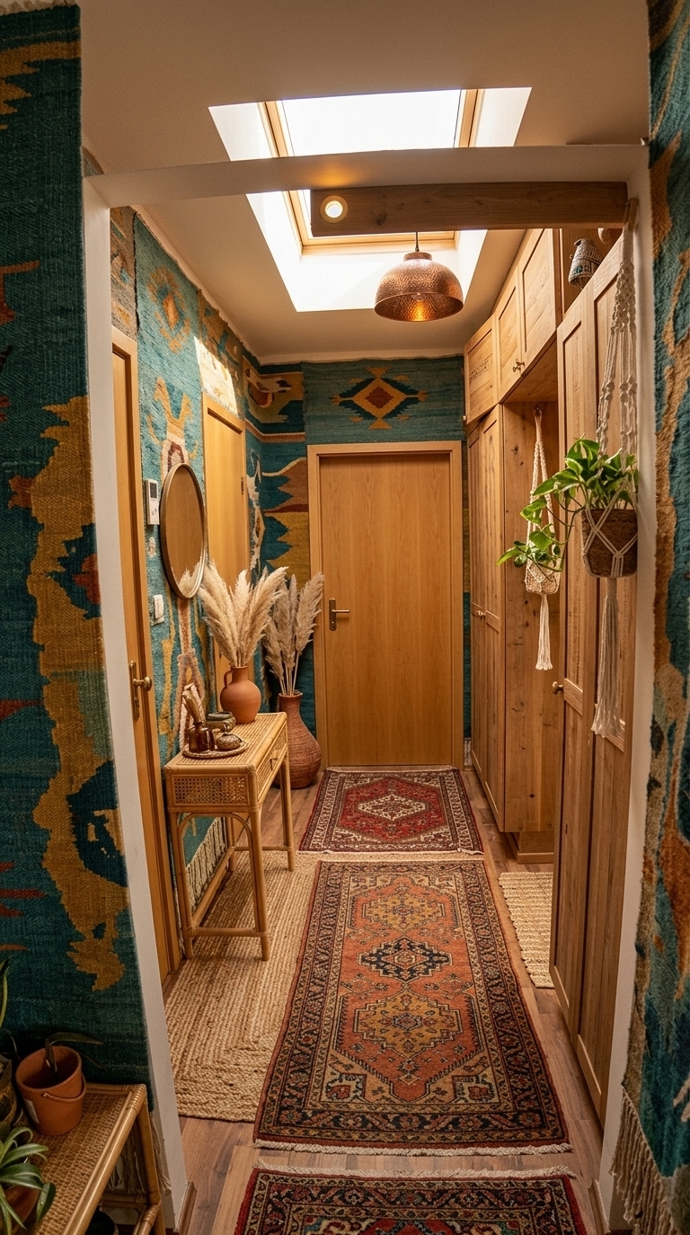 An incredibly lifelike, richly detailed, photorealistic wide-angle interior shot of a bohemian attic oasis entryway set in a charming, converted attic home. The scene is illuminated by warm, honey-hued afternoon sunlight streaming from an overhead skylight, creating a serene and free-spirited atmosphere. Captured with a 24mm f/2.8 prime lens, emphasizing the rich, tactile grain of natural rattan and the intricate, hand-knotted textures of colorful textiles, this space looks like a page from a high-end interior photography book. The sterile, white corridor has been completely reimagined into a deeply layered, globally-inspired passage with textured walls in earthy neutral tones. Where plain plaster once stood, a stunning, hand-woven tapestry wall art piece now hangs, bursting with vibrant shades of deep teal, mustard yellow, and warm rust. The standard laminate floor is covered by a rich tapestry of layered rugs, combining a worn vintage Persian runner with a coarse, braided jute mat. Along the wall, the flush cabinets are replaced by custom reclaimed-wood wardrobes with handcrafted details, while a delicate macrame plant hanger cradles a cascading green pothos. A slender rattan console table holds vintage-collected decor, brass trinkets, and a terracotta vase filled with fluffy pampas grass, successfully transforming this functional hallway into a cozy, plant-filled sanctuary.