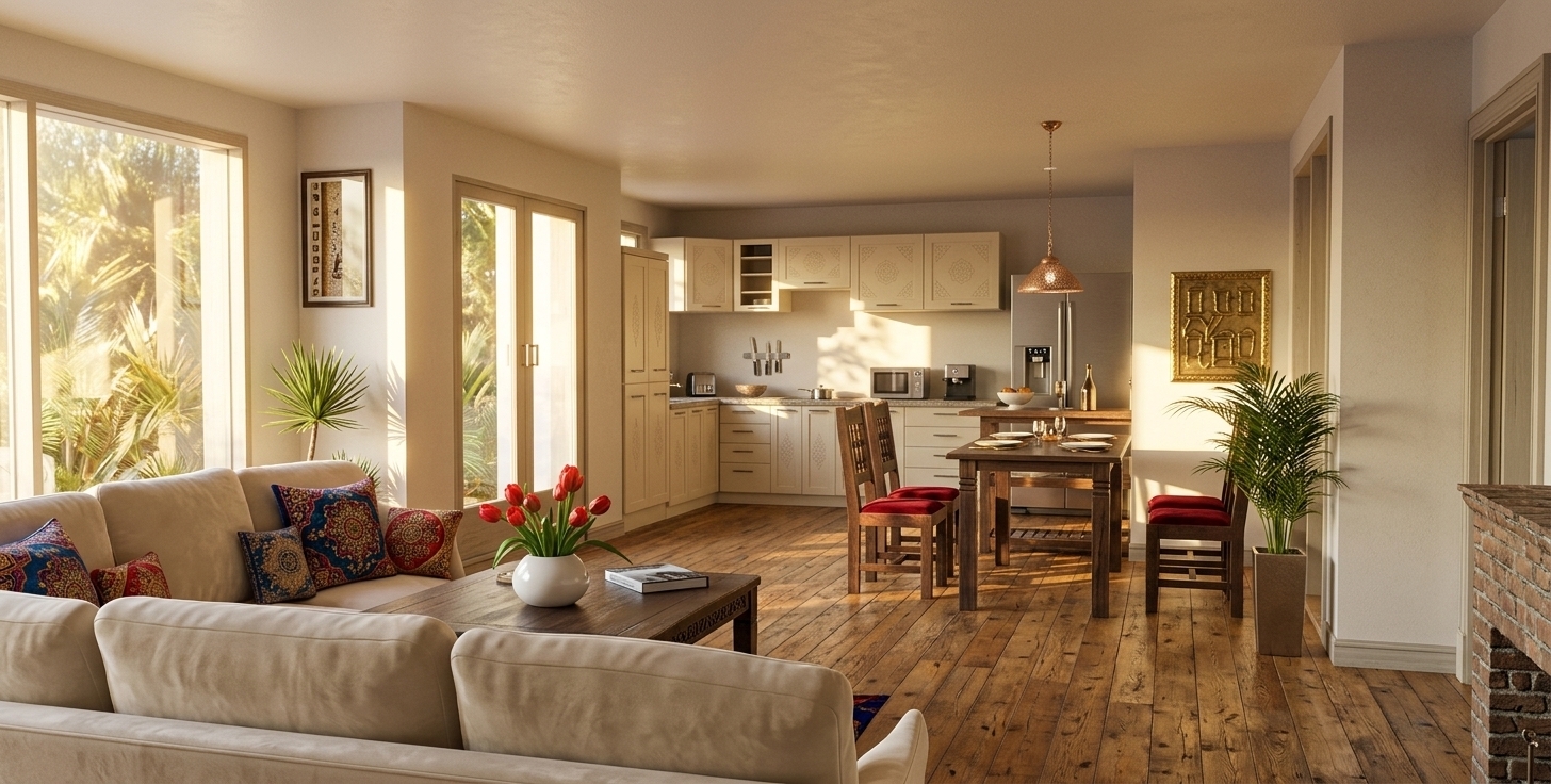 An incredibly lifelike, richly detailed, photorealistic wide-angle interior photo of an open-concept living room and kitchen set in a luxurious contemporary home. The scene is illuminated by the bright, golden light of midday streaming through expansive glass doors, creating a warm, sensual, and exotic atmosphere. Captured with a 24mm architectural lens, emphasizing the rich, tactile materials, intricate patterns, and sophisticated play of light and shadow, the space beautifully embraces a Moroccan mystique. In the foreground, a plush cream sectional sofa is layered with vibrant pillows featuring ornate patterns in shades of deep blues, rich reds, and golds. Before it sits a carved dark wood coffee table hosting a curated photography book and a smooth white vase with red tulips. The dining set features hand-carved wooden chairs with plush red velvet seats, positioned beneath a delicate metallic pendant light. In the background, the kitchen combines modern function with Moroccan-inspired charm, showcasing cabinets with subtle geometric motifs and sleek appliances. Striking geometric brass wall art hangs elegantly on the partition wall, reflecting the sunlight, while lush indoor plants tuck neatly into corners, completing this richly patterned, sophisticated sanctuary.