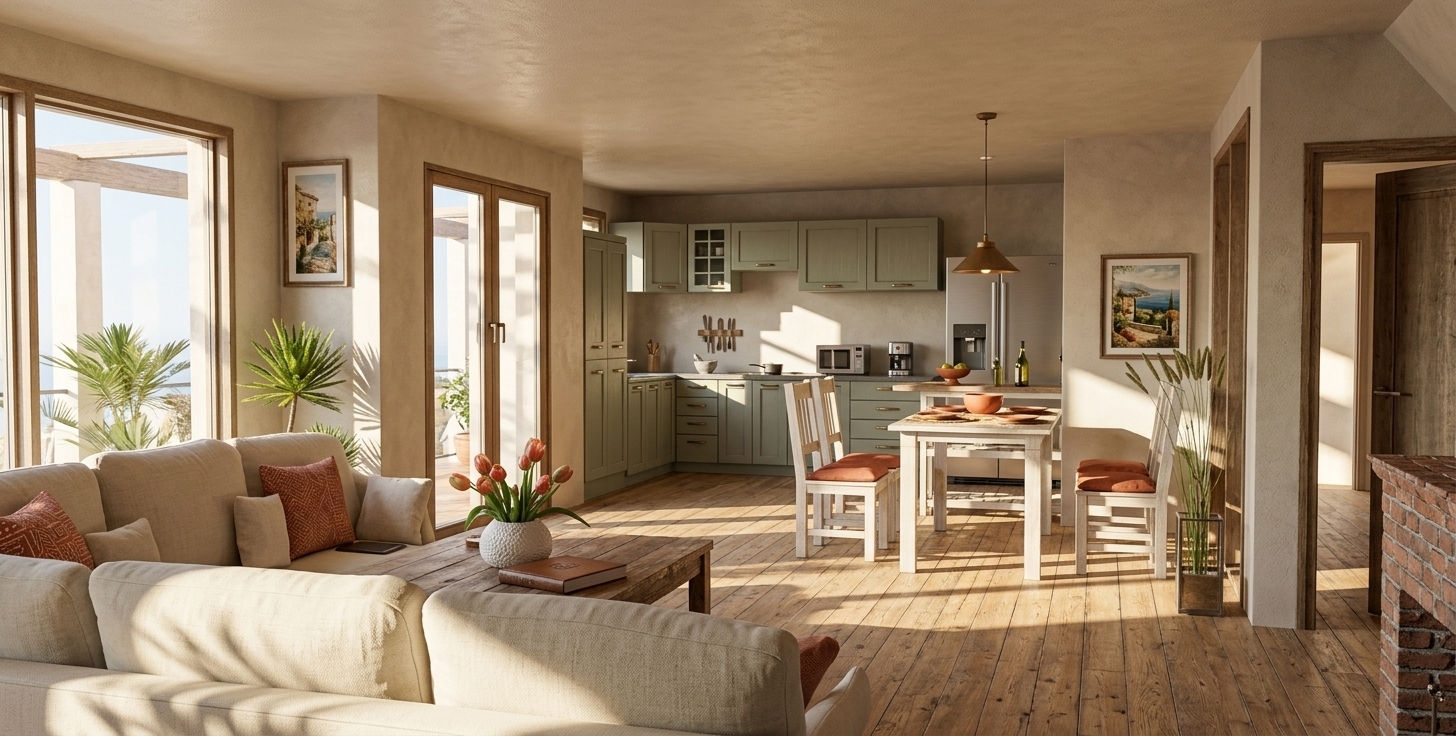 An incredibly lifelike, richly detailed, photorealistic wide-angle interior shot of an open-concept living room and kitchen set in a scenic Mediterranean retreat. The scene is illuminated by brilliant midday sunlight streaming through expansive glass patio doors, creating a relaxed, sun-drenched, and incredibly warm atmosphere with sharp, artistic shadows casting across the room. Captured with a professional 35mm lens, emphasizing the tactile, textured surfaces and natural materials, the view opens with a plush cream-colored sectional sofa styled with casual linen pillows in the foreground. Before it rests a rustic solid wooden coffee table displaying a curated photography book and a white ceramic vase filled with vibrant red flowers. Further back, the cozy dining area features a white-washed wooden table paired with matching chairs adorned with warm, earthy terracotta cushions, complemented by Mediterranean landscape wall art hanging nearby. In the background, the coastal-inspired kitchen sports muted sage-green cabinetry, sleek grey counters, and premium stainless steel appliances, while delicate indoor plants capture the natural light to enhance the inviting, earthy, and rustic character of this coastal home.