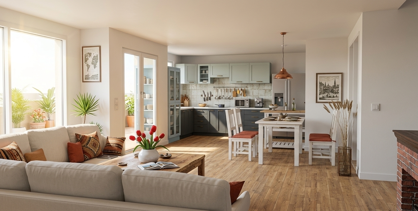 An incredibly lifelike, richly detailed, photorealistic wide-angled interior photo of a curated open-concept living and dining space set in a bright, modern apartment. The scene is illuminated by brilliant midday sunlight streaming through expansive glass patio doors, creating a vibrant and welcoming worldly atmosphere. Captured with a professional 35mm lens, emphasizing the rich grains of the wood surfaces, the soft textures of the upholstery, and the layered global decorations.

In the foreground, a comfortable, plush off-white sectional sofa is styled with throw pillows boasting earth-toned global patterns and rust-orange accents. It frames a raw-edge wooden coffee table holding an open photography travel book, a handcrafted white ceramic vase with vibrant red tulips, and unique collected treasures. To the left, a tall potted indoor palm thrives in the bright midday sun next to the glass doors. In the background, a cozy dining area features a white wooden table matched with contrasting vintage-inspired chairs painted white with warm terracotta cushions, beneath a curated gallery of travel-inspired wall art. Just behind, the kitchen blends modern efficiency with nostalgic charm, featuring sleek mint-grey upper cabinetry, dark slate lower cabinets, and gleaming stainless steel appliances that catch the high-noon light.