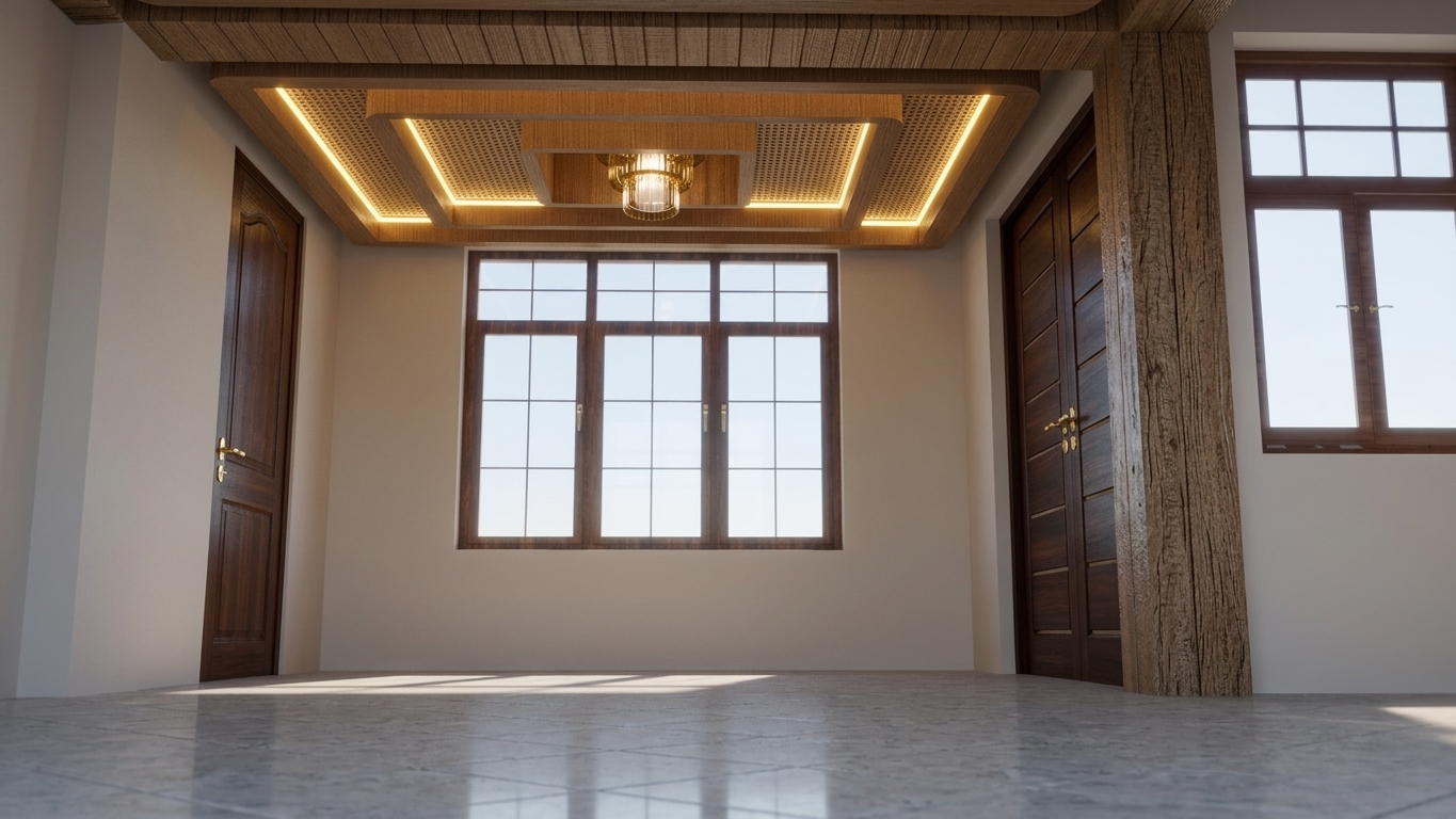 A beautifully shot architectural photograph of a spacious foyer, preserving the exact layout, geometry, and composition of the room. The multi-tiered ceiling features intricately woven natural rattan sheets within its recessed center sections, beautifully highlighted by the warm, golden wash of concealed cove LED lighting. Richly textured teak wood planks with prominent, organic grain and a soft satin finish compose the ceiling's bordering beams and clad the vertical column on the right. Bright, diffused daylight pours through the dark-framed grid windows, creating a soft contrast with the warm ambient glow of the ceiling lighting. The dark, solid wood doors on either side remain in position, rendered with a realistic semi-gloss finish that catches subtle specular highlights along their molded panels. Below, the floor consists of large-format polished light-grey marble tiles with delicate natural veining, showing soft, realistic reflections of the window light and overhead illumination. The scene is captured with a crisp wide-angle lens, exhibiting natural depth of field, a gentle lens bloom around the bright window panes, and a fine, organic photographic grain that ensures absolute photorealism.
