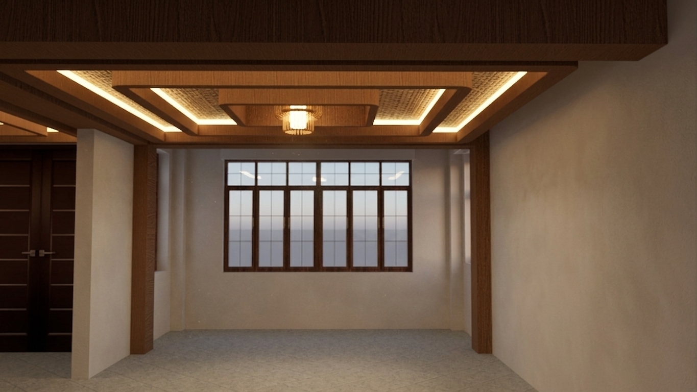 A photorealistic, wide-angle interior photograph of the empty room, capturing the warm and inviting ambiance of evening light. The ceiling features intricate layered wooden beams and borders crafted from rich, dark walnut with a visible satin-finish wood grain, framing a central recessed ceiling panel detailed with a natural woven rattan sheet texture. Warm, diffused light from concealed LED cove lighting glows softly, casting smooth, natural gradients across the wood, while a delicate, warm glow emanates from the recessed central fixture. The vertical columns on either side of the room are clad in matching realistic wood plank textures with subtle imperfections in the wood pores. A large multi-paned window at the back reveals a soft, cool dusk sky, casting gentle ambient light into the interior and creating minor reflections on the glass. The walls are finished in a fine matte plaster that softly catches the warm ceiling illumination. The entire scene is captured with a high-end camera, exhibiting natural depth of field, subtle lens bloom around the light sources, and a touch of realistic grain, avoiding any sterile render appearance.