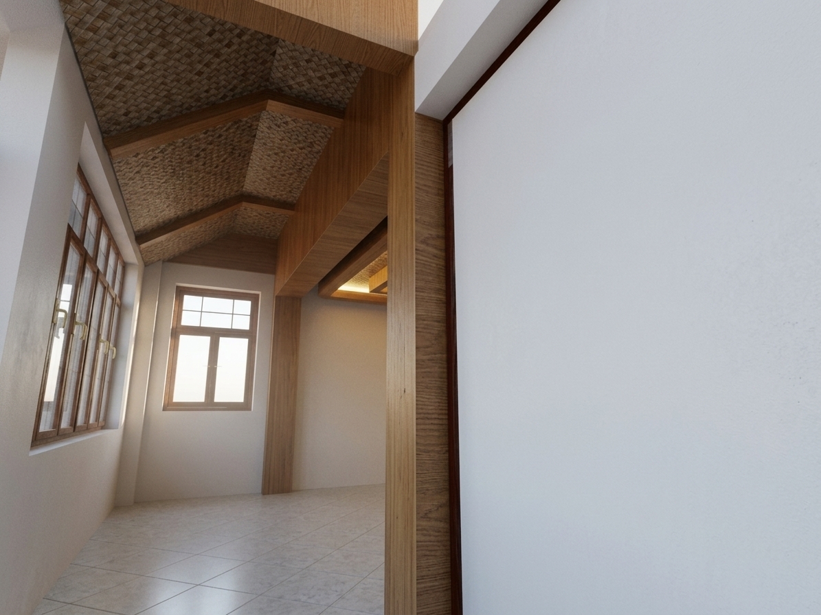 A photorealistic wide-angle interior photograph of this architectural space captures the rich materials under soft, natural lighting. The vaulted ceiling is lined with rustic, textured woven rattan sheets held in place by matte-finished wooden planks with visible grain. The structural beam and column are wrapped in warm wood paneling, showing authentic, fine grain patterns and subtle micro-textures of natural veneer. In the recessed ceiling area in the background, a soft, concealed warm LED strip glows gently, casting a cozy ambiance. Natural daylight filters through the wooden-framed windows, illuminating the smooth matte texture of the white plaster walls and creating soft, graduated shadows. The light-colored tiled floor displays a clean, realistic semi-matte finish, picking up subtle reflections. The image features natural photographic characteristics, including slight lens distortion from the wide-angle perspective, delicate chromatic aberration near the frame edges, gentle light bloom, and a fine layer of grain, giving it the tactile quality of a real-world photo.