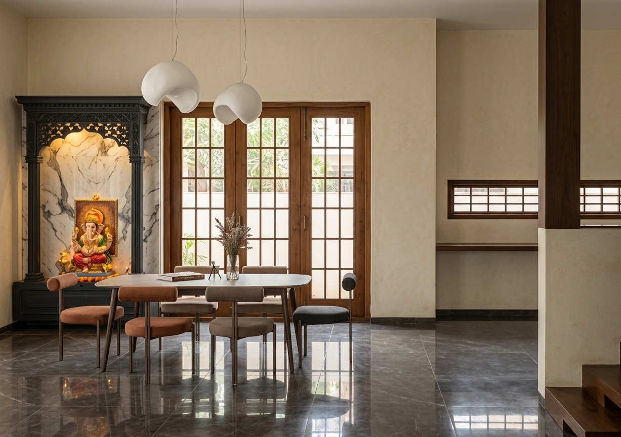 An incredibly lifelike, richly detailed, photorealistic interior photo of an eclectic dining and living space set in a worldly, travel-inspired residence. The scene is illuminated by soft, natural afternoon light filtering through large, teak-framed gridded glass doors, creating a warm, deeply cultured, and nostalgic atmosphere. Captured with a professional 35mm lens, emphasizing the tactile contrast between intricate hand-carved textures, smooth marble, and earthy fabrics, the space expertly showcases a "traveler’s trove" aesthetic. 

On the left, a magnificent, traditional home mandir serves as a cultural focal point, featuring an ornate, deep-charcoal hand-carved wooden archway set against a backdrop of heavily veined book-matched white marble. At its center, a vibrant, artistic depiction of a deity sits bathed in the soft glow of micro-lights, boasting bright saffron and gold accents. In front of the glass doors, a modern dining table is surrounded by a curated mix of vintage-inspired chairs upholstered in shades of earth-toned clay, taupe, and charcoal grey. Two organic, sculptural white pendant lamps hang overhead like floating clouds, casting a soft, diffuse light downwards. The table surface is artfully styled with a travel photography book and a delicate glass vase with dried botanicals. Underfoot, the polished charcoal-grey marble tiled floor reflects the room's layered, adventurous spirit, bridging the gap between worldly tradition and contemporary design.