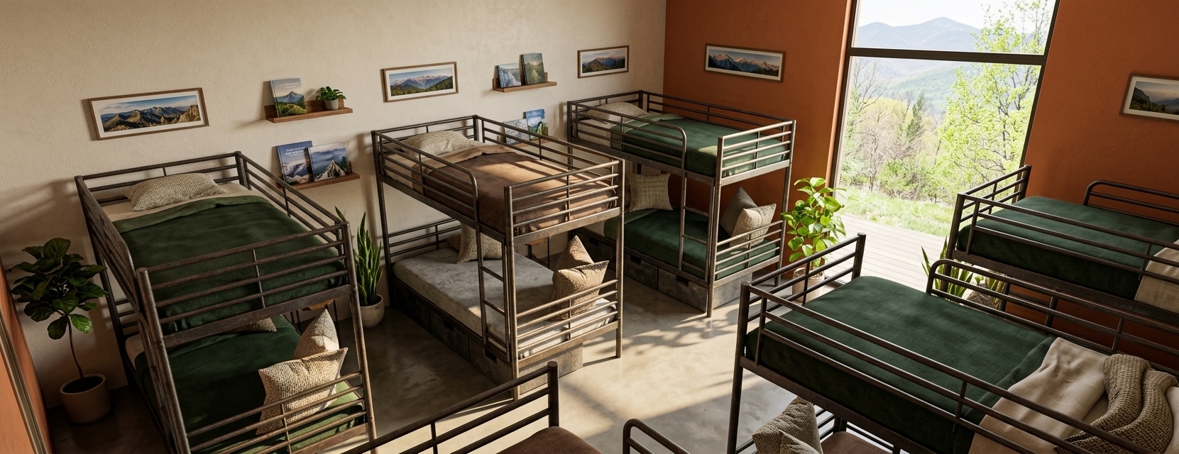 An incredibly lifelike, richly detailed, photorealistic wide-angle interior photo of a cozy mountain escape hostel room set in a rustic alpine lodge during a bright spring midday. The scene is illuminated by crisp, natural midday sunlight streaming through a large floor-to-ceiling window, creating an inviting, warm, and comfortable atmosphere. Captured with a professional 24mm architectural lens, emphasizing the rich, tactile textures of sturdy log and wooden bunk bed frames, woven linens, and textured plaster walls. The spacious room features an orderly arrangement of robust wooden bunk beds dressed in premium linens of deep forest greens, warm browns, and neutral cream tones, accented by comfortable plush pillows. The walls are a harmonious blend of clean, warm-toned plaster and a rich, terracotta-orange accent wall that frames the large window looking out toward a verdant spring landscape. Tasteful mountain-inspired decor, including framed panoramic mountain range wall art and neatly placed photography books, graces the spaces between the beds. Lush, potted indoor plants are strategically placed to bring natural vitality indoors, while the smooth, polished concrete flooring subtly reflects the soft shadows, completing this perfectly nestled mountain getaway.
