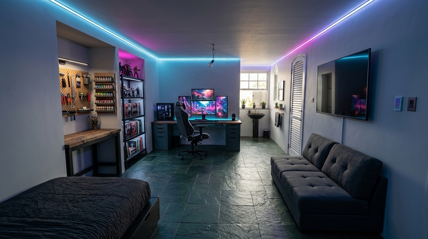 An incredibly lifelike, richly detailed, photorealistic wide-angle interior shot of a cyber-eclectic male bedroom and creative studio set in a modern home. The scene is illuminated by cool-blue and magenta LED strip lights lining the ceiling edges and the warm glow of monitors, creating a moody, high-tech atmosphere. Captured with a 24mm wide-angle lens, emphasizing the natural cleft texture of the slate floor and the sleek matte finishes of the tech gear, this highly functional resting and working space retains its original white walls, arched wooden shutter door, and windows while introducing dynamic new layers of personality. The floor is made of beautifully textured, dark green natural slate tiles that ground the room with an organic, rugged feel. In the first deep wall niche on the left, a dedicated creative atelier workbench is installed, featuring a rugged wooden tabletop and a wall-mounted pegboard meticulously organized with tools, paintbrushes, and bottles of colorful acrylic paints. In the adjacent niche, a sleek black metal shelving unit is packed with graphic novels, art books, and carefully illuminated action figures. The back wall serves as the main workstation, anchoring an L-shaped desk with a high-performance gaming PC, a multi-monitor setup radiating custom digital art, and a premium black-and-grey ergonomic gaming chair positioned at a 90-degree angle to the wall. Opposite the workspace, along the right-hand wall, a stylish charcoal-grey modular sofa-bed sits beneath a large wall-mounted flat-screen TV, creating a relaxed lounge zone. Tucked into the immediate left foreground corner is a cozy low-profile platform bed dressed in dark, textured linens. In the alcove near the back window, a modern black pedestal sink with industrial brass fixtures is installed, flanked by a minimalist mirror and small potted succulents that catch the soft daylight filtering in, perfectly balancing the room's high-tech interior glow with external warmth.