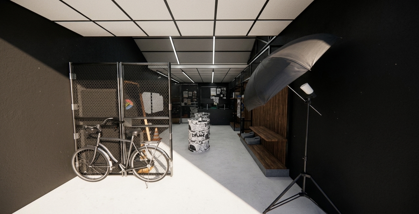 A crisp, professionally shot photograph of a modern industrial studio space, capturing the scene with absolute fidelity to its original composition, layout, and structure. The high-contrast lighting is defined by a sharp, dramatic beam of warm, natural sunlight cutting diagonally across the white floor, creating a stark division between bright light and deep, rich shadows. Every material in the scene is rendered with lifelike physical properties: the black walls have a subtle, tactile matte texture that softly diffuses light; the metal wire-mesh partition on the left is a semi-gloss black with realistic metallic reflections and tiny imperfections at the welds; the bicycle frame exhibits a smooth, painted satin finish with pristine rubber tires and metallic glints on the spokes and chain; the stack of drums in the center features realistic paper-like graphic wraps with minor print textures and dust particles; and the wooden shelves on the right display a deep, natural grain with a soft satin lacquer. The photography umbrella on its sturdy C-stand is made of thick, realistically wrinkled black fabric. Photographed using a high-end prime lens, the image has a sharp focus throughout, natural lens bloom on the bright floor, faint chromatic aberration along high-contrast edges, and a gentle, organic film grain that replaces any digital cleanliness with a authentic, realistic photograph.