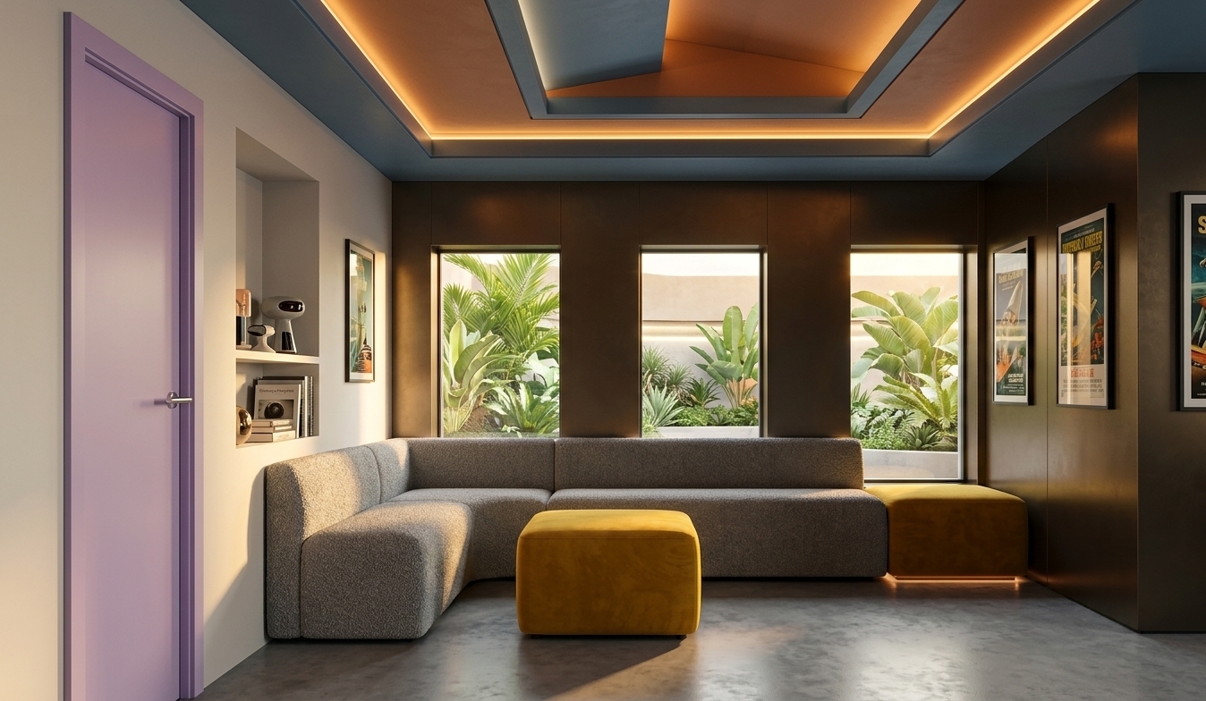 An incredibly lifelike, richly detailed, photorealistic wide-angle interior perspective shot of a retro-futuristic apartment living room set in a high-tech modernist biosphere residence. The scene is illuminated by a combination of golden-hour sunlight streaming through three large windows and subtle, warm-toned neon under-glows, creating a nostalgic yet boldly innovative atmosphere. Captured with a 35mm prime lens on a cinematic camera, emphasizing the rich interplay of tactile materials, sleek metallic curves, and stylized matte surfaces.

In the center of the space, a custom-designed gray bench with a curved modular silhouette hugs the back wall and left recess, upholstered in a premium graphite-colored wool-bouclé fabric. Nestled in front of it is a bold, space-age modular ottoman finished in a vibrant mustard-yellow velvet with perfectly streamlined corners. On the left side of the room, a sleek, flat-panel door in a retro pastel lavender hue features a minimalist polished chrome handleset, framed by smooth, warm-peach satin walls. Beside the door, a sleek recessed wall niche holds stylized retro-futuristic decor objects and neatly curated photography books.

The three large, high-clearity glass windows look out to a beautifully manicured, futuristic outdoor garden filled with lush, tropical plants. Across from this, the right-hand wall is clad in a dark, metallic bronze finish, adorned with framed vintage sci-fi poster art featuring bold, geometric graphics. Overhead, the multi-tiered geometric ceiling panels—painted in contrasting steely-blue and warm clay tones—are highlighted by hidden neon light strips that cast a gentle, atmospheric glow across the gray micro-cement floor, creating deep, realistic shadows and highly detailed, soft reflections that elevate the room's luxurious, space-age design.