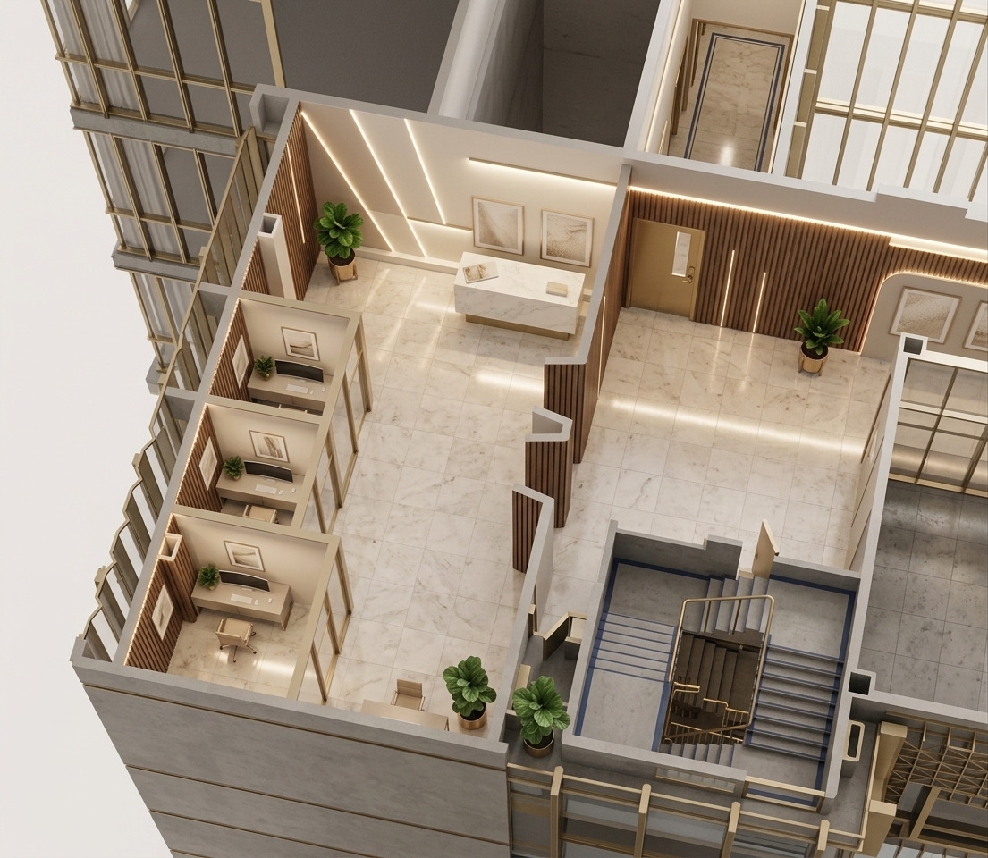 An incredibly lifelike, richly detailed, photorealistic isometric cutaway interior photo of a contemporary corporate multimedia workshop set in a refined urban office tower. The scene is illuminated by soft, recessed warm LED strips and sculptural accent lights, creating a light-filled, sophisticated, and balanced atmosphere. Captured with a high-resolution professional camera, emphasizing the highly polished stone flooring, slatted timber wall panels, and sleek metal accents. Embracing a philosophy of contemporary elegance, the color scheme utilizes elegant shades of warm white, pearl, champagne, and soft gray. The welcoming reception lobby is anchored by a polished white marble desk and curated fiddle-leaf fig plants, while a series of clean-lined, private editing booths feature understated task seating, minimal desk layouts, and abstract framed wall art. Adjacent to the open workspace, a concrete staircase with crisp blue border highlights provides structured vertical flow, completing this airy and meticulously designed professional environment.