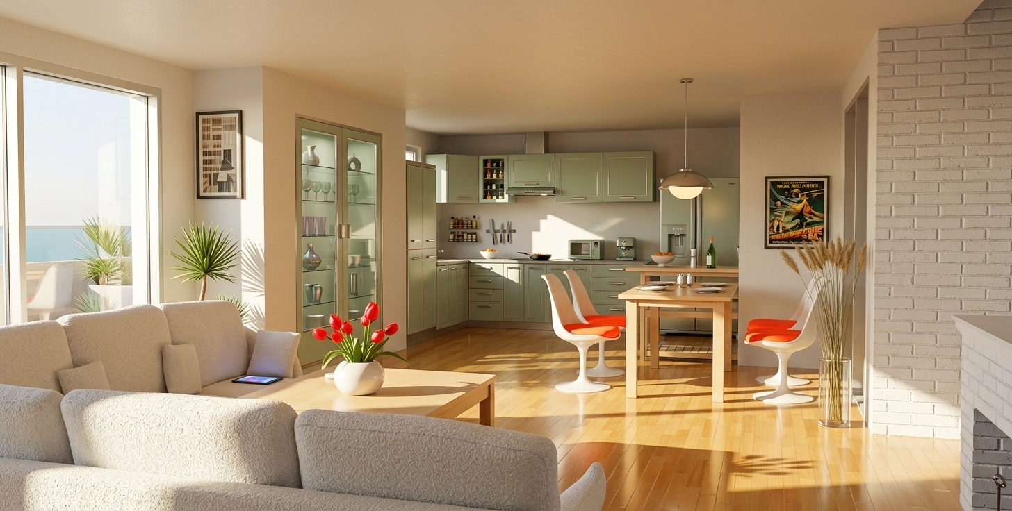 An incredibly lifelike, richly detailed, photorealistic wide-angle interior shot of a retro-futuristic living room and dining area set in a sunlit modern apartment during a warm summer midday. The scene is illuminated by intense, direct midday sunlight pouring through expansive floor-to-ceiling glass patio doors, creating a bright, nostalgic, and space-age atmosphere with dramatic, geometric shadows stretched across the floor. Captured with a professional 24mm wide-angle lens, emphasizing the sleek, streamlined textures, metallic reflections, and soft pastel color palette. 

In the foreground, a plush, curved mid-century white sectional sofa frames a minimalist wood coffee table, crowned by a glossy white spherical vase holding vibrant red tulips that mimic futuristic flora. Further in, a streamlined dining set-up features white space-age high-back chairs accented by bold, neon-orange seat cushions around a simple white table. The open-plan layout transitions effortlessly into a retro-futuristic kitchen equipped with sleek pastel sage-green cabinetry, brushed metallic appliances, and stylized, clean surfaces. The walls are adorned with vintage sci-fi poster wall art, while indoor plants—including a spiky potted palm and tall decorative grasses in a glass floor vase—add organic texture to this innovative, bold, and geometric sci-fi-inspired home.