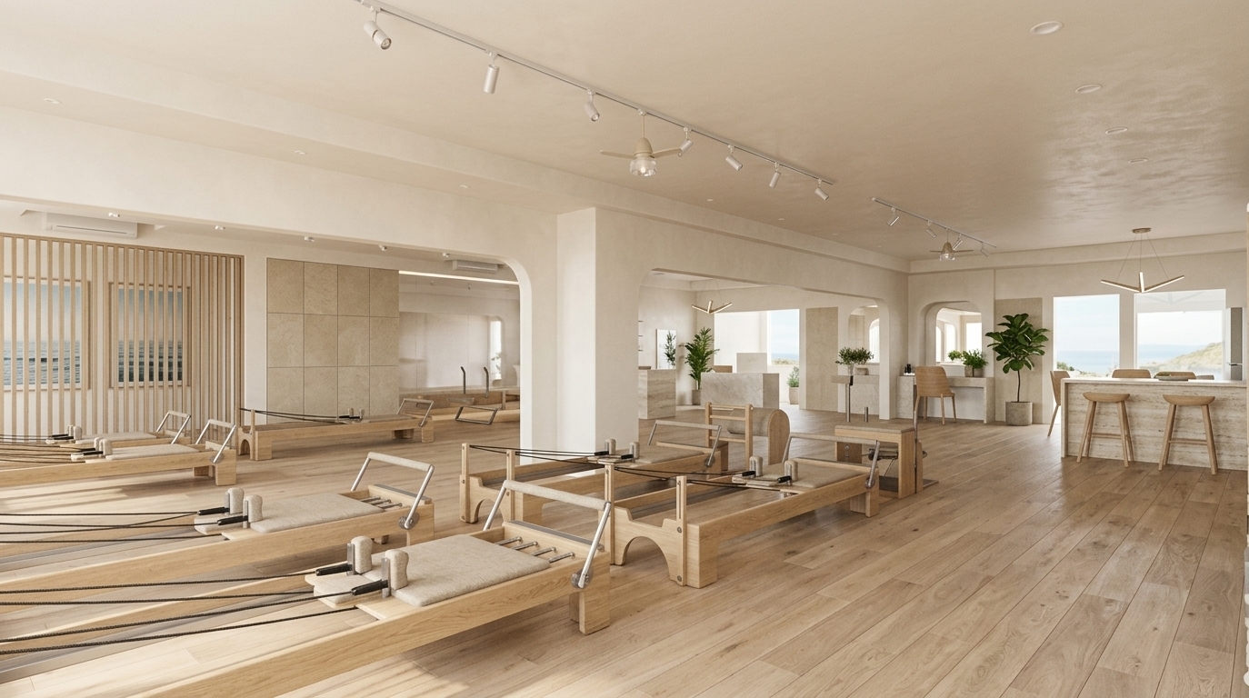 An incredibly lifelike, richly detailed, photorealistic interior photo of a boutique fitness gym set in a seaside wellness retreat. The scene is illuminated by soft, sun-kissed daylight filtering through, creating an airy, fresh, and relaxed atmosphere. Captured with a 24mm wide-angle lens, emphasizing the light-toned wood flooring, clean-lined white pilates reformers with sandy neutral upholstery, and smooth warm-toned arched structural walls. Mirroring a page from a premium photography book, the uncluttered space seamlessly blends beachy elegance with wellness, showcasing coastal decor elements, faint hints of blue through framed seascape wall art in the background, elegant wooden stools by a stone-top bar, and subtle potted plants that breathe life into this inviting, sun-lit sanctuary.