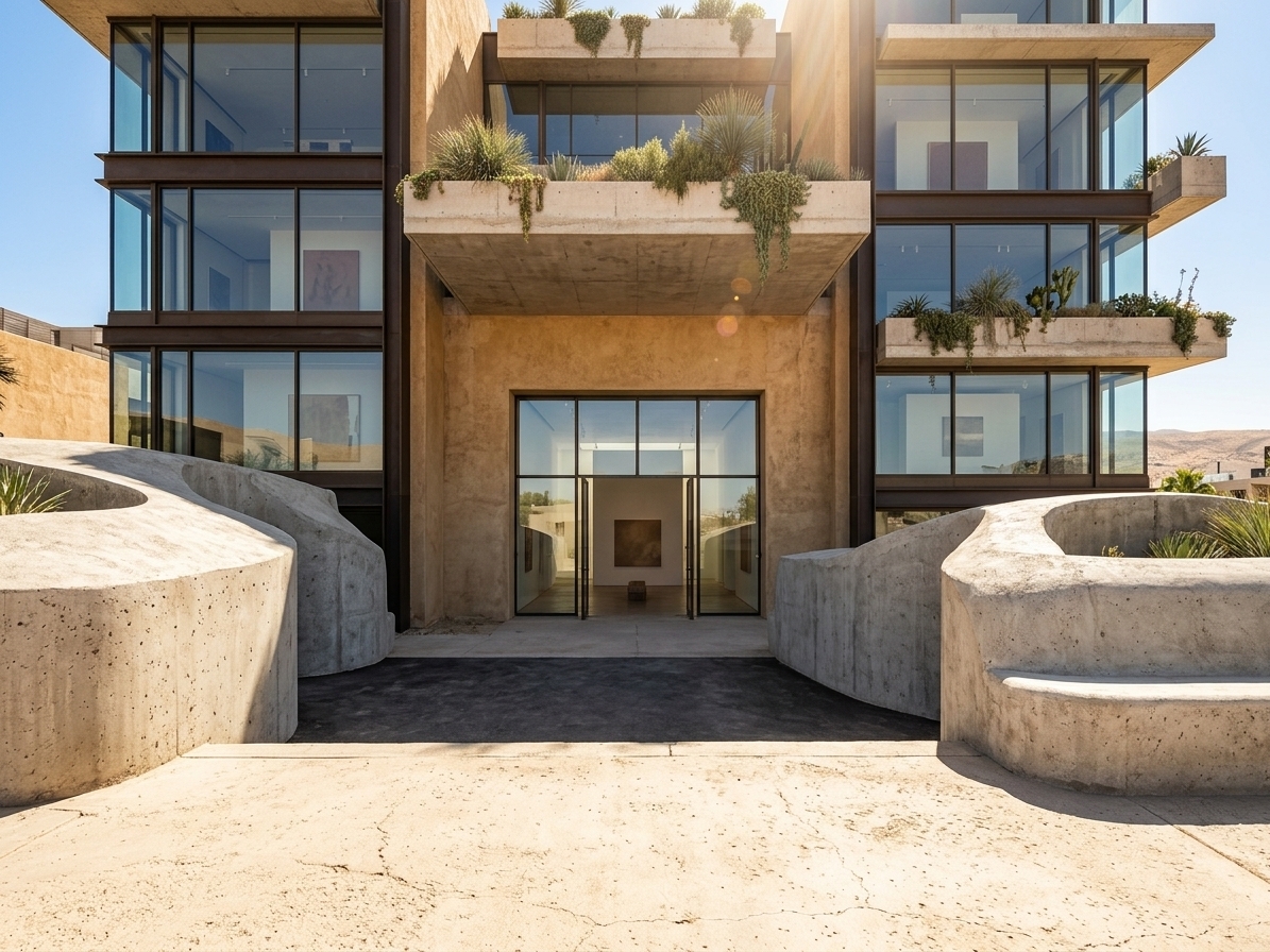 An incredibly lifelike, richly detailed, photorealistic wide-angle architectural shot of a soaring, multi-story modern facade serving as a contemporary exhibition space and desert-inspired retreat, set in a sun-drenched urban environment. The scene is illuminated by the brilliant, intense glare of midday sunlight shining directly from a clear blue sky, creating a vibrant, high-contrast, and sun-baked atmosphere with a warm, natural lens flare. Captured with a professional medium-format camera and a 24mm tilt-shift lens, emphasizing the immense vertical scale, the rough, sandy texture of the light-beige stucco walls, and the crisp reflections on the expansive glass panels.

The original low-rise building has been transformed into a majestic five-story structure. The ground floor features a grand, double-height entrance with a minimalist steel-framed glass portal that opens into a spacious, light-filled gallery. Rising above, the upper floors stack elegantly with cantilevered raw concrete balconies carrying sculptural desert plantings and trailing succulents. Large floor-to-ceiling windows on each level showcase minimalist, open-plan exhibition spaces inside, decorated with subtle earth-toned art pieces. The facade's texture is a cohesive blend of rough ochre plaster, sun-bleached concrete, and elegant dark bronze metal frames, blending urban sophistication with the rustic, peaceful warmth of a desert sanctuary.