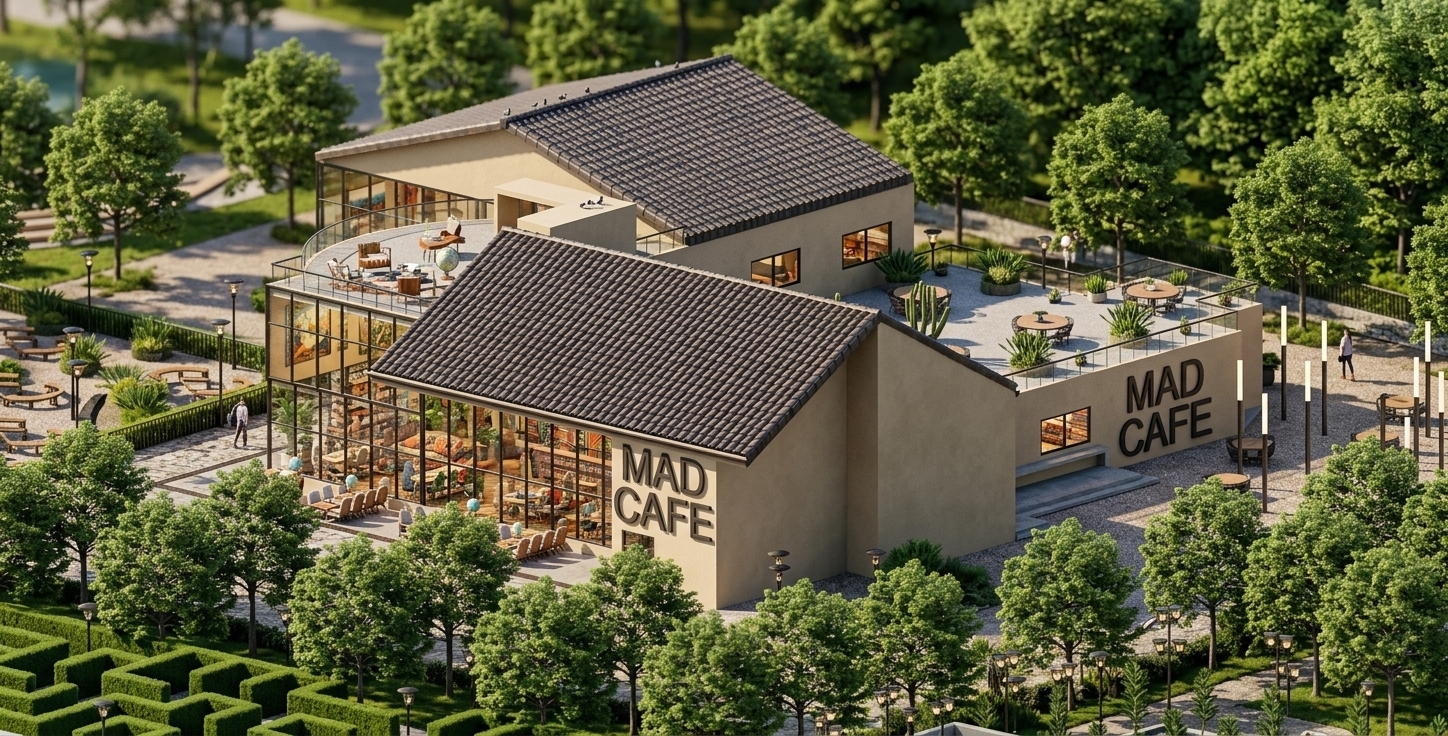 An incredibly lifelike, richly detailed, photorealistic high-angle exterior architectural photo of the modern MAD CAFE set in a lush, green-filled landscaped park. The scene is illuminated by crisp, bright afternoon sunlight, creating a warm, vibrant, and welcoming atmosphere. Captured with a professional tilt-shift lens, emphasizing the smooth sand-toned stucco walls, dark tiled gabled roofs, and expansive glass curtain walls that peer into a worldly, eclectic interior. Embracing a curated 'traveler's trove' aesthetic, the layering of cultured design is visible through the double-height glazing, showcasing a lively mix of vintage and modern furniture, surfaces decorated with open photography books, travel-themed decor, and vibrant global patterns in warm earth tones with bright accents. Artistic travel-inspired wall art and lush indoor plants enhance the creative indoor spaces, while the adventure extends outside onto a spacious rooftop terrace populated with desert cacti, circular dining sets, and manicured green trees that weave seamlessly into the architectural design.
