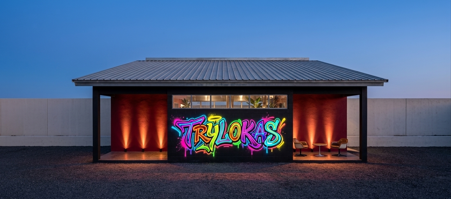 An incredibly lifelike, richly detailed, photorealistic front-elevation architectural shot of a retro-futuristic coffee shop set in a sleek, minimalist urban plaza. The scene is illuminated by the deep blue gradients of a clear twilight sky, contrasted with sharp, warm vertical spotlight beams grazing the deep crimson walls, and the intense, electric glow of a central neon sign, creating a nostalgic yet brilliantly progressive atmosphere. Captured with a professional medium-format camera and a 35mm tilt-shift lens, emphasizing the clean lines of the corrugated metallic roof, the rich matte texture of the crimson stucco, and the brilliant color bleed of the neon sign onto the dark gravel courtyard.

This bold, space-age cafe design effortlessly fuses mid-century sci-fi with modern, streamlined geometry. The symmetry of the structure is anchored by heavy black structural pillars and flanked by deep crimson wings, which are dramatically upturned by warm, vertical wash lights. The focal point is a central black masonry volume hosting a vibrant, dripping neon graffiti sign spelling "TRYLOKAS" in a high-contrast palette of electric cyan, magenta, and solar yellow. Through the high-set glass transoms, one can catch subtle glimpses of the interior's stylized surfaces, mid-century futuristic furniture, and hints of lush, leafy indoor plants, making the pavilion feel like a glowing oasis of retro-futuristic charm.