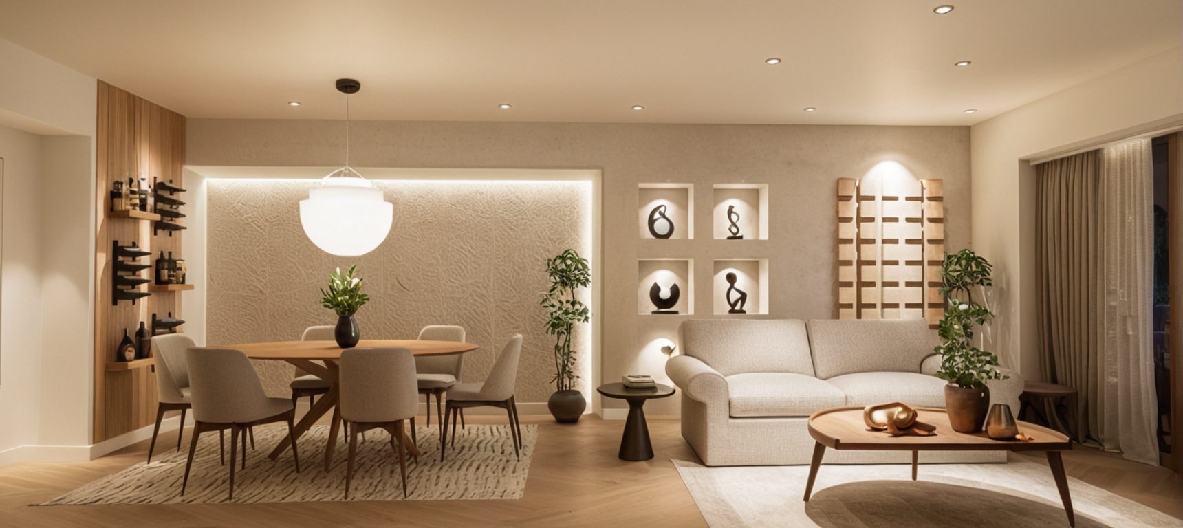 An incredibly lifelike, richly detailed, photorealistic wide-angle interior photo of an elegant open-concept living and dining area set in a modern Mediterranean retreat. The scene is illuminated by a warm, sophisticated layering of architectural lighting—featuring soft recessed ceiling spotlights, a glowing hidden LED cove that washes over the textured feature wall, and a radiant, diffused frosted-glass pendant above the dining table—creating an intimate, serene, and cozy atmosphere. Captured with a 35mm f/2.8 lens, emphasizing the tactile surfaces, the shot highlights the exquisite organic grain of the natural oak dining table and minimalist coffee table, alongside the rich, woven boucle fabric of the dining chairs and plush sofa. The circular-patterned plaster feature wall stands out with realistic grit and depth, while the polished hardwood floor reflects soft shadows. Subtle updates, such as lush, lifelike olive-green foliage in the potted plant and refined ceramic styling inside the lit wall niches, elevate the space, blending raw, natural textures with crisp, modern elegance.