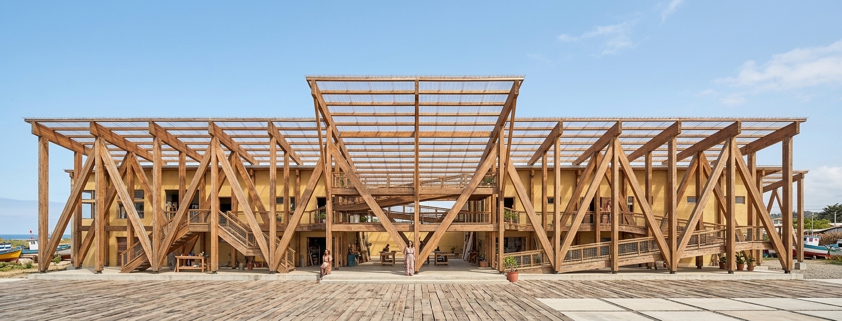 An incredibly lifelike, richly detailed, photorealistic front-elevation architectural photo of a coastal community workshop and bohemian oasis set in a lively seaside fishing village. The scene is illuminated by intense midday sunlight, filtering through the fully translucent roof to cast crisp, geometric shadows across the structure, creating a vibrant, airy, and warm atmosphere. Captured with a high-end tilt-shift lens, emphasizing the textured wood grains of the double-pillar laminated timber frame and the raw, sand-textured yellow stucco clad over the reinforced concrete ground floor. Rising dynamically above the textured plaza, the massive glulam beams and crisscrossing wooden access ramps frame cozy workshop openings below. A serene, clear light-blue sky with sparse wispy clouds provides a crisp backdrop, accentuating the rugged, oceanic charm of this coastal architectural landmark.
