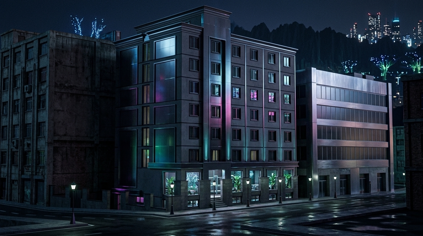 An incredibly lifelike, richly detailed, photorealistic medium-wide exterior architectural photo of a high-tech boutique hotel streetfront set in a gritty, futuristic urban cityscape during a sultry summer night. The scene is illuminated by moody neon noir glows, casting deep, dramatic shadows and reflecting sharp neon accents off the sleek structures, creating a dark, cybernetic, and hyper-modern atmosphere. Captured with a 35mm f/1.4 prime lens, emphasizing the matte gray concrete exterior, the gleaming metallic finishes, and the vibrant interior details visible through the glass facade, the seven-story hotel stands tall in shades of black and deep gray. Inside the glowing ground-floor hotel lobby, cyberpunk decor merges with minimalist surfaces, showcasing sleek metal and glass furniture alongside lush indoor plants. A captivating piece of holographic wall art projects shimmering digital patterns, reminiscent of a spread from a high-end photography book, completing this moody, industrial-meets-high-tech architectural masterpiece.
