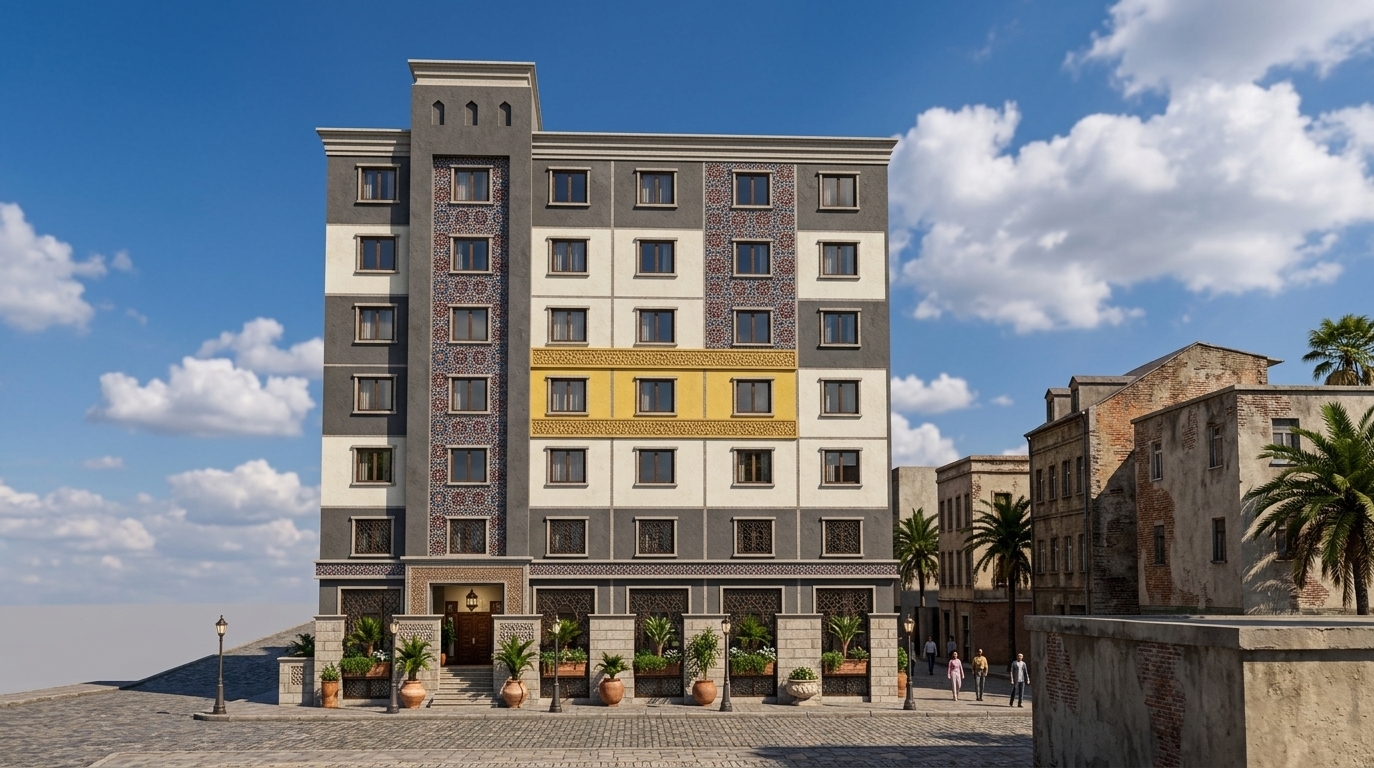 An incredibly lifelike, richly detailed, photorealistic eye-level street-view architectural photo of a modern multi-story residential building infused with Moroccan mystique, set in a bustling urban neighborhood during a clear spring midday. The scene is illuminated by bright, direct sunlight, creating a warm, vibrant, and exotic atmosphere. Captured with a 35mm wide-angle lens, emphasizing the intricate geometric patterns, textured plaster, and ornate facade details. The building’s gray and white facade is embellished with Moroccan-inspired elements, including geometric wall art and patterned surfaces in rich shades of deep blues, reds, and golds. The prominent yellow accent band is rendered as a beautifully carved golden frieze, while the ground-level windows feature delicate metal lattices and views of an interior decorated with carved wooden furniture and lush indoor plants. Elegant stone planters lined with exotic greenery frame the entrance, perfectly complementing the dramatic deep-blue sky and fluffy white clouds above.