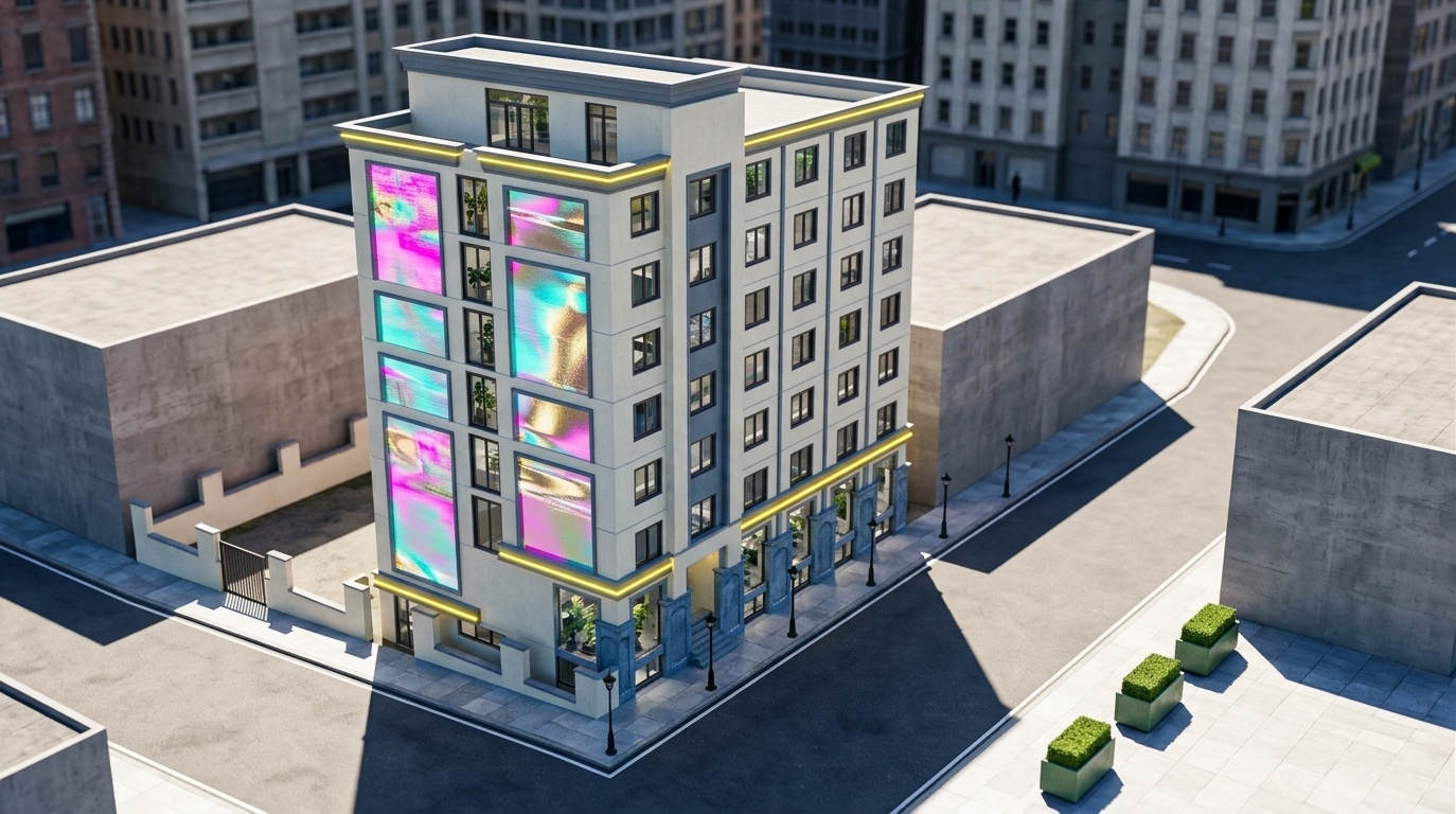 An incredibly lifelike, richly detailed, photorealistic high-angle architectural photo of a futuristic multi-story corner apartment building set in a vibrant, high-tech urban district. The scene is illuminated by the intense, direct light of a midday summer sun, creating a dynamic, high-contrast play of sharp shadows and bright highlights and an energetic, immersive atmosphere. Captured with a professional 24mm tilt-shift lens, emphasizing the crisp geometric facade, eclectic materials, and glowing neon accents, the building's architecture merges classic structure with playfulness and digital innovation. 

Its off-white and slate-grey facade features recessed panels animated with shimmering holographic glitch-art, reflecting shades of bright neon pink, cyan, and metallic gold. Radiant, electrified yellow bands wrap around the ground floor, hovering above sculptural blue-grey stone pilasters that flank the street-level pedestrian walkway. Through the large, crystal-clear glass windows, glimpses of the interior reveal modular metallic-finish furniture, techno-inspired decor, and lush indoor plants. The surrounding clean asphalt streets and polished grey sidewalks are dotted with minimalist black lampposts and neat, boxy green planters, seamlessly anchoring this surreal, high-contrast architectural gem into its modern urban context.