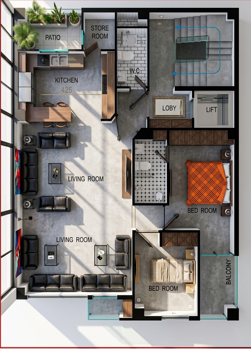 An incredibly lifelike, richly detailed, photorealistic top-down architectural design photograph of a modern fusion luxury hotel suite set in a chic urban high-rise. The scene is illuminated by bright, direct midday summer sunlight streaming through unseen floor-to-ceiling windows, creating a vibrant, dynamic, and airy atmosphere. Captured with a high-resolution Phase One camera and a 24mm tilt-shift lens, emphasizing the crisp geometric lines, smooth polished concrete flooring, metallic frames, warm wood finishes, and rich fabric textures. This expansive open-concept apartment features a double living room zone furnished with sleek, deep black leather sofas and contemporary minimalist coffee tables, offset by bold, vibrant abstract wall art on the pristine white partitions. Moving further in, a clean kitchen stands with minimalist wooden cabinetry and smooth metallic accents, alongside a matching wooden dining set. Towards the private areas, the master bedroom is styled with a bed draped in a bold orange geometric check pattern, while a second bedroom features a light oak-toned bedframe. Tiled with clean black and white accents, the bathrooms are fitted with polished chrome hardware. Accents of lush greenery from potted palms and snake plants reside next to sliding glass doors that open to a sunny concrete balcony, completing this immaculately styled contemporary retreat.