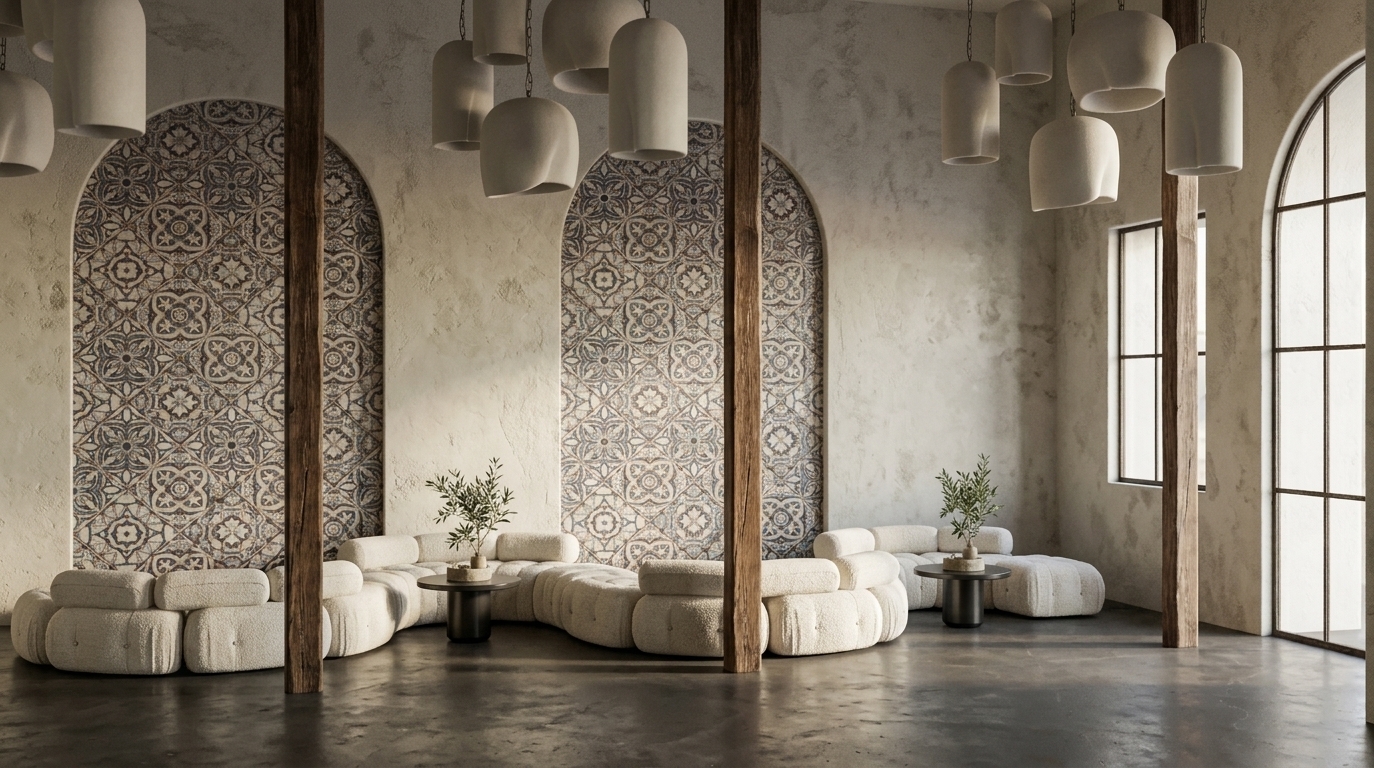 An incredibly lifelike, richly detailed, photorealistic wide-angle interior photo of a luxurious hotel lobby lounge set in a serene Mediterranean retreat. The scene is illuminated by soft, diffuse afternoon light casting long, gentle shadows, creating a relaxed, earthy, and sun-drenched atmosphere. Captured with a 35mm lens, emphasizing the heavily textured plaster walls, aged wood, and plush fabrics, the composition feels pulled directly from a high-end editorial photography book. Arching beautifully along the rear wall, large alcoves are lined with intricate, Mediterranean-inspired tiles patterned in dusty blues, warm terracotta, and neutral creams. Below these, a sprawling, low-profile modular sofa in a soft, nubby linen fabric curves casually across the polished, dark concrete floor, divided by raw, rustic wooden pillars with a rich, dark grain. Sleek, dark cylindrical side tables are topped with delicate, green indoor plants that add a touch of organic warmth. Overhead, clusters of matte, bone-white ceramic pendant lights hang in organic, sculptural shapes, casting a gentle downlight that accentuates the relaxed coastal elegance and timeless, rustic soul of the sanctuary.