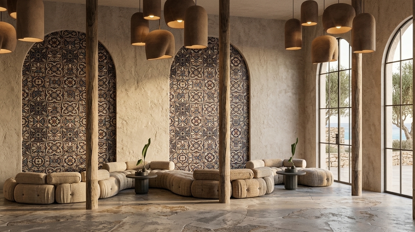 An incredibly lifelike, richly detailed, photorealistic wide-angle interior photo of a luxurious hotel lobby set in a coastal Mediterranean retreat. The scene is illuminated by a soft, diffused golden-hour glow filtering in from a large arched entrance, creating a relaxed, warm, and inviting atmosphere. Captured with a high-end architectural camera and a 35mm lens, emphasizing the rich textures of the rough-hewn plaster walls, the deep grain of rustic wooden columns, and the tactile woven fabric of the low-slung, neutral-toned modular sofas. These organic, tufted seating arrangements wind gracefully across the seamless concrete floor, accented by dark, textured side tables topped with minimalist green plants. Nestled within the wall are grand arched alcoves lined with intricate decorative tiles in shades of deep blue, terracotta, and warm ochre, evoking classic Mediterranean artistry. Overhead, clusters of matte, bell-shaped clay pendant lights hang like sculptural installations, completing this exquisitely designed, earthy, and serene sanctuary.
