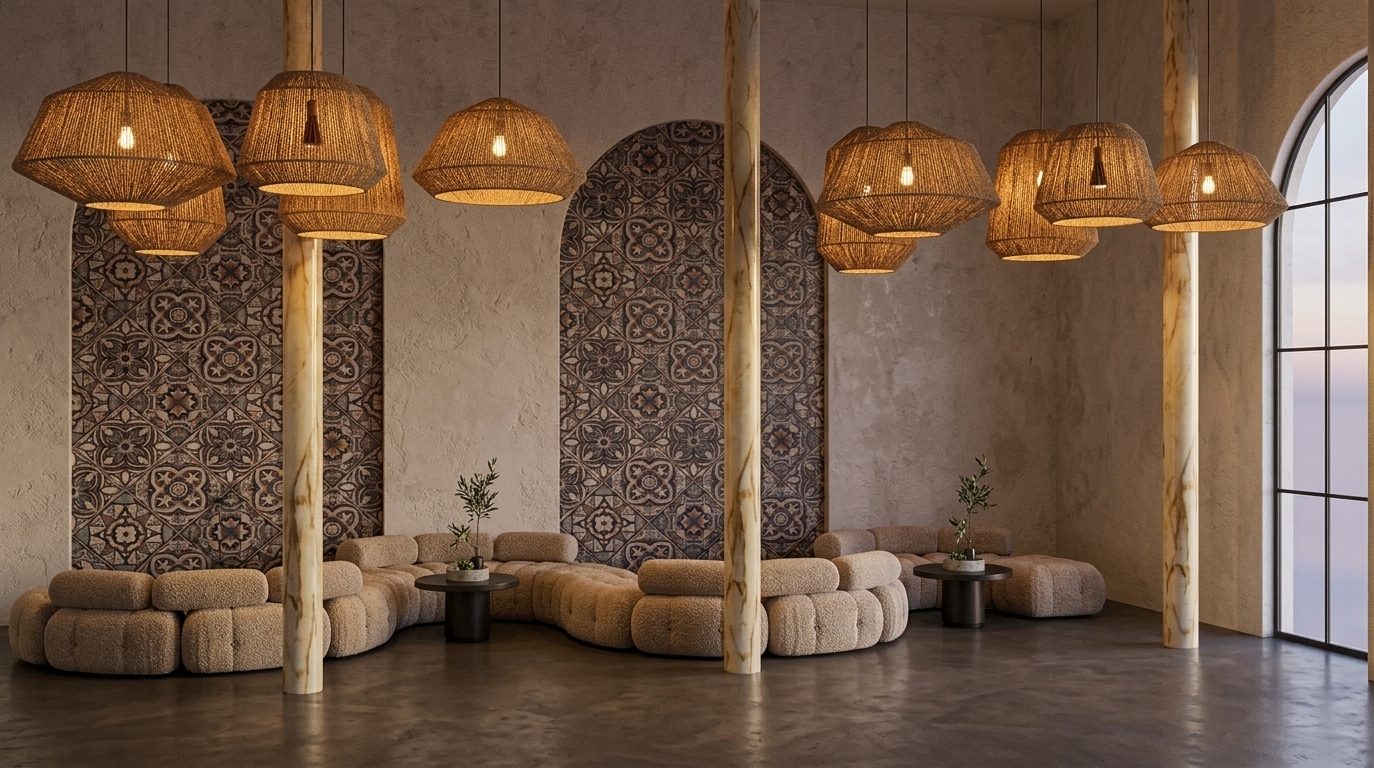 An incredibly lifelike, richly detailed, photorealistic wide-angle interior photograph of a hotel lobby lounge designed as a Mediterranean retreat set in a serene coastal sanctuary. The scene is illuminated by the warm, amber glow of low-hanging woven pendant lamps contrasted by a soft, diffused twilight filtering from the side, creating a relaxed, inviting, and earthily elegant atmosphere. Captured with a professional architectural camera with a 24mm lens, emphasizing the intricate ceramic mosaic tile arches, rough-textured plaster walls, and the tactile boucle texture of the low-slung modular sofa, this scene embodies the aesthetic of a high-end photography book. The space beautifully blends rustic warmth with casual coastal luxury, showcasing towering marble columns with rich gold and beige veining that stretch toward a high ceiling. An undulating, cloud-like modular sofa in a heavily textured warm neutral fabric winds gracefully around the pillars, accompanied by small, dark cylindrical side tables topped with delicate green indoor plants. Behind the communal seating, monumental arched alcoves inlaid with ornate Mediterranean tile motifs in shades of terracotta, deep blue, and warm gray act as captivating, built-in wall art. Staggered clusters of oversized, rustic woven-fiber pendant lights cast a cozy, amber radiance across the space, highlighting the tactile finishes and grounding the lounge over a seamless, dark polished concrete floor.