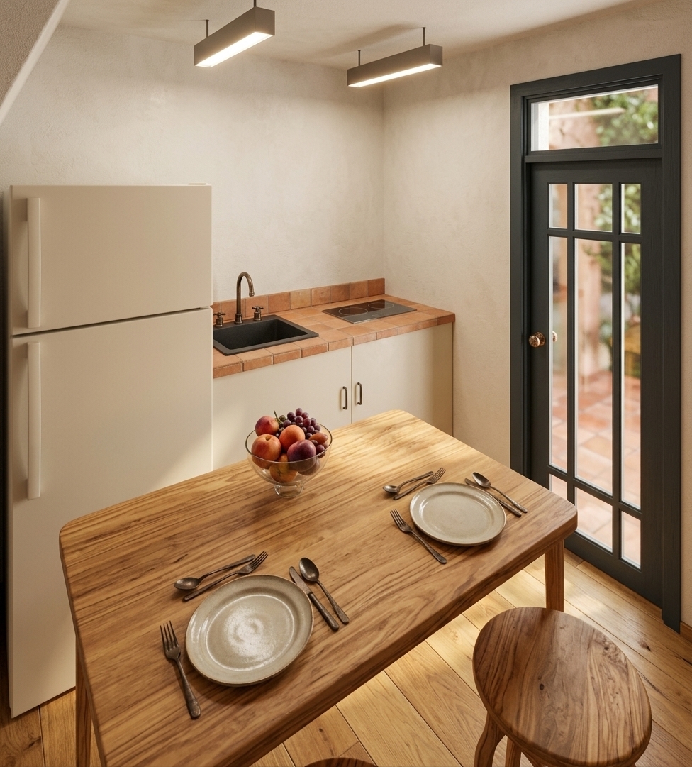 An incredibly lifelike, richly detailed, photorealistic medium-angle interior shot of a compact dining kitchen set in a rustic Mediterranean retreat. The scene is illuminated by bright, diffused midday summer sunlight filtering in from a nearby window, creating a warm, relaxed, and sun-drenched atmosphere. Captured with a 35mm lens, emphasizing the rich, organic textures of the wooden furniture and smooth plaster walls, the image beautifully resolves every finish. 

In the foreground, a beautifully crafted olive wood dining table with a smooth, matte finish is elegantly set for two with ceramic earthenware plates, dark metal cutlery, and a central glass bowl of fresh fruit. A matching rustic wooden stool sits ready at the table, resting on honey-toned wide-plank oak flooring. In the background, a high-end, matte-cream refrigerator stands beside a compact kitchenette featuring a warm terracotta-tiled countertop, a sleek built-in stovetop, and an under-mounted black stone sink with a minimalist bronzed faucet. The textured, hand-plastered off-white walls meet a deep charcoal accent wall, which frames an elegant, dark-framed French door with glass panes reflecting the soft light. Suspended from the dark ceiling, modern linear track lights add a touch of contemporary sophistication to this cozy, sunlit sanctuary.