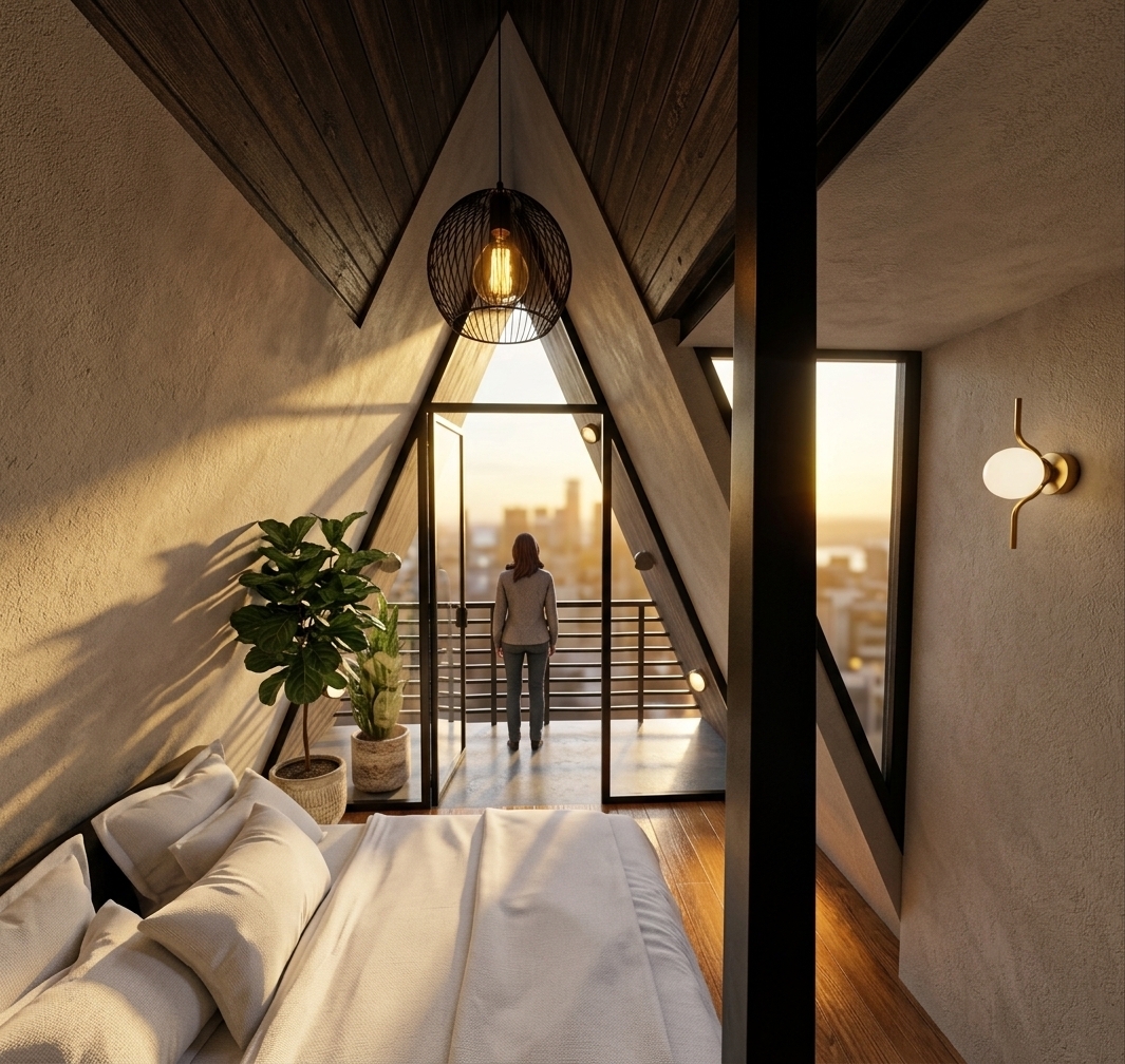An incredibly lifelike, richly detailed, photorealistic interior photo of a modern A-frame attic bedroom set in a luxury industrial loft. The scene is illuminated by the warm, golden glow of a summer sunset streaming through the triangular glass partition and soft, ambient indoor fixtures, creating a serene and intimate atmosphere. Captured with a professional wide-angle lens, emphasizing the rich textures and architectural details, the view showcases a plush low-profile bed dressed in crisp, high-thread-count white linens. The polished grain of warm oak hardwood floors reflects the soft light, leading the eye to a custom matte-black steel A-frame glass wall. Hanging from the dramatic vaulted ceiling is a striking black wire-mesh globe pendant light, while a minimal brass sconce on the right wall adds a touch of metallic brilliance. Just beyond the partition, a figure stands looking out over the balcony railing, fully immersed in the tranquil sunset ambiance of this elevated urban sanctuary.